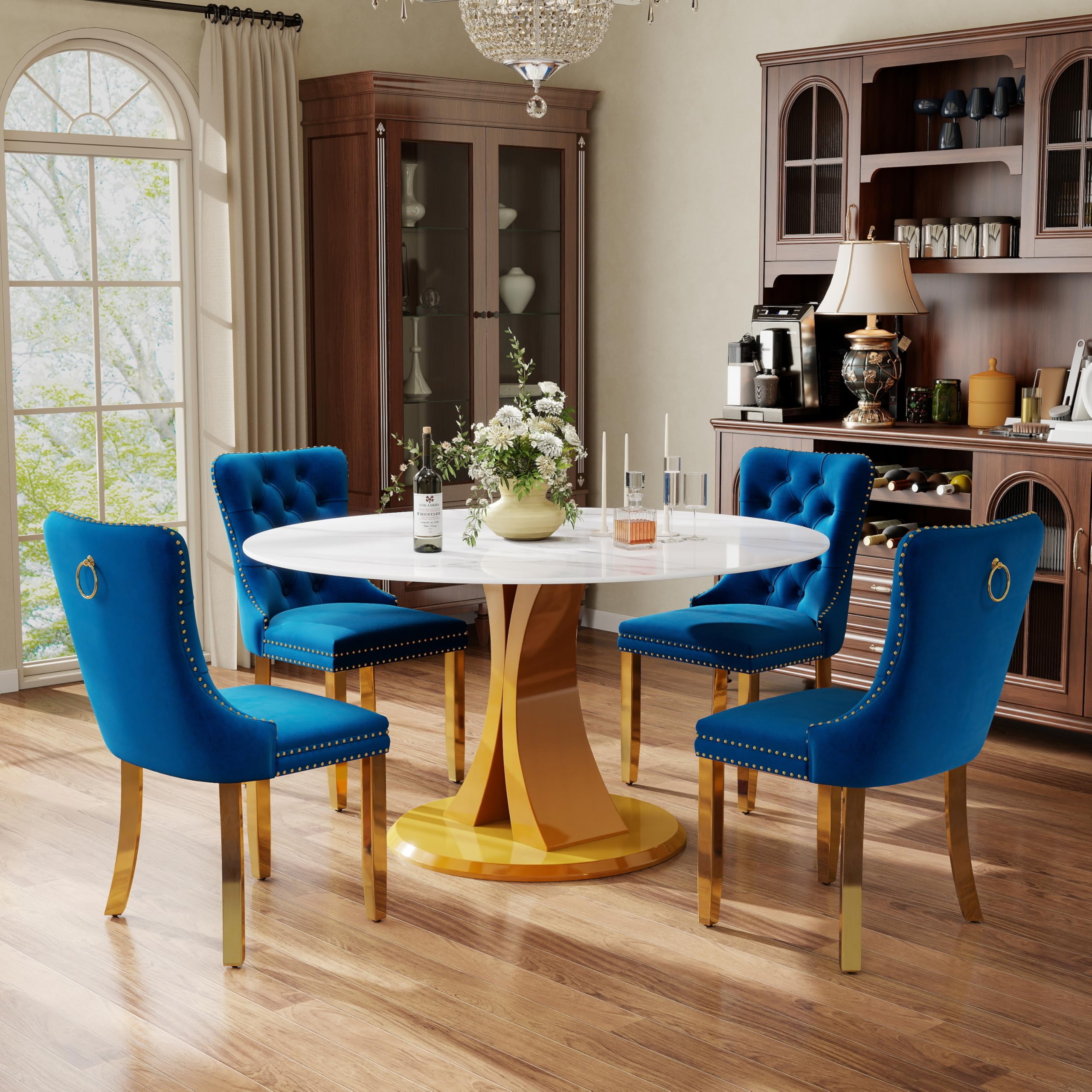 5-Piece Dining Table Set with 47In Faux Marble Table and 4 Velvet Upholstered Chairs, Modern Scandinavian Furniture for Dining Room Kitchen(Blue&amp;Gold)