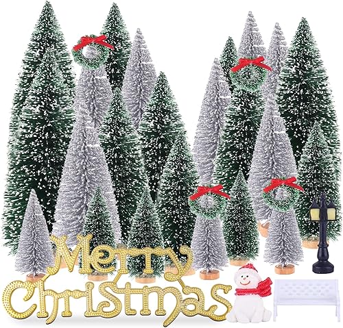 Mini botella de pino de Navidad en miniatura, cepillo, árboles, bases de madera, árbol para tu pueblo, escritorio, fiesta de Navidad (plata/verde,