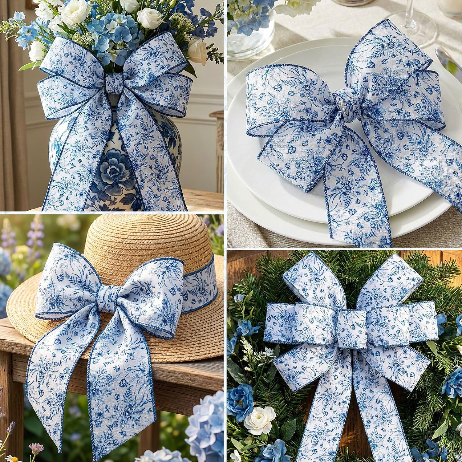 woric Blue Floral Wired Ribbon 2.5 Inch x 15 Yards for DIY Crafts Chinoiserie Decor Bow Making Wreath Gift Wrapping DIY Craft