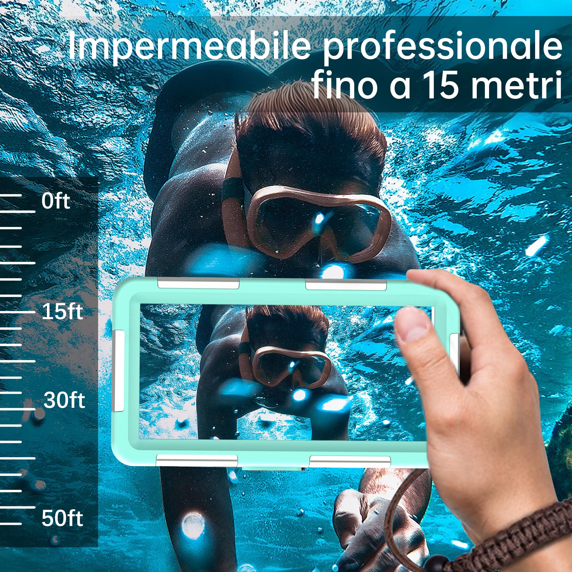 Custodia Impermeabile Subacquea Professionale IP68 15M - Compatibile con iPhone, Samsung, Huawei, Xiaomi - Fino a 6,9 Pollici - Per Immersioni, Snorkeling, Surf e Nuoto (verde blu)
