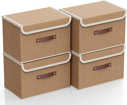 4 Pack Foldable Fabric Storage Boxes with Lids and Handles, Collapsible Wardrobe Organizer & Closet Basket for Clothes, Toys, Books, Photos | 38x25x25 cm Khaki