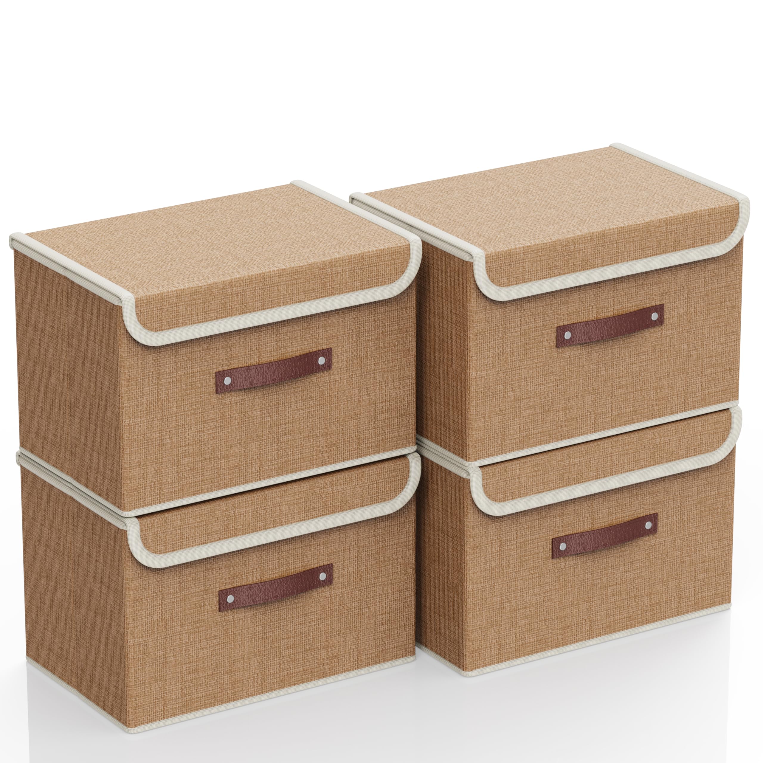 gaobaidu 4 Pack Foldable Fabric Storage Boxes with Lids and Handles, Collapsible Wardrobe Organizer & Closet Basket for Clothes, Toys, Books, Photos | 38x25x25 cm (Khaki)