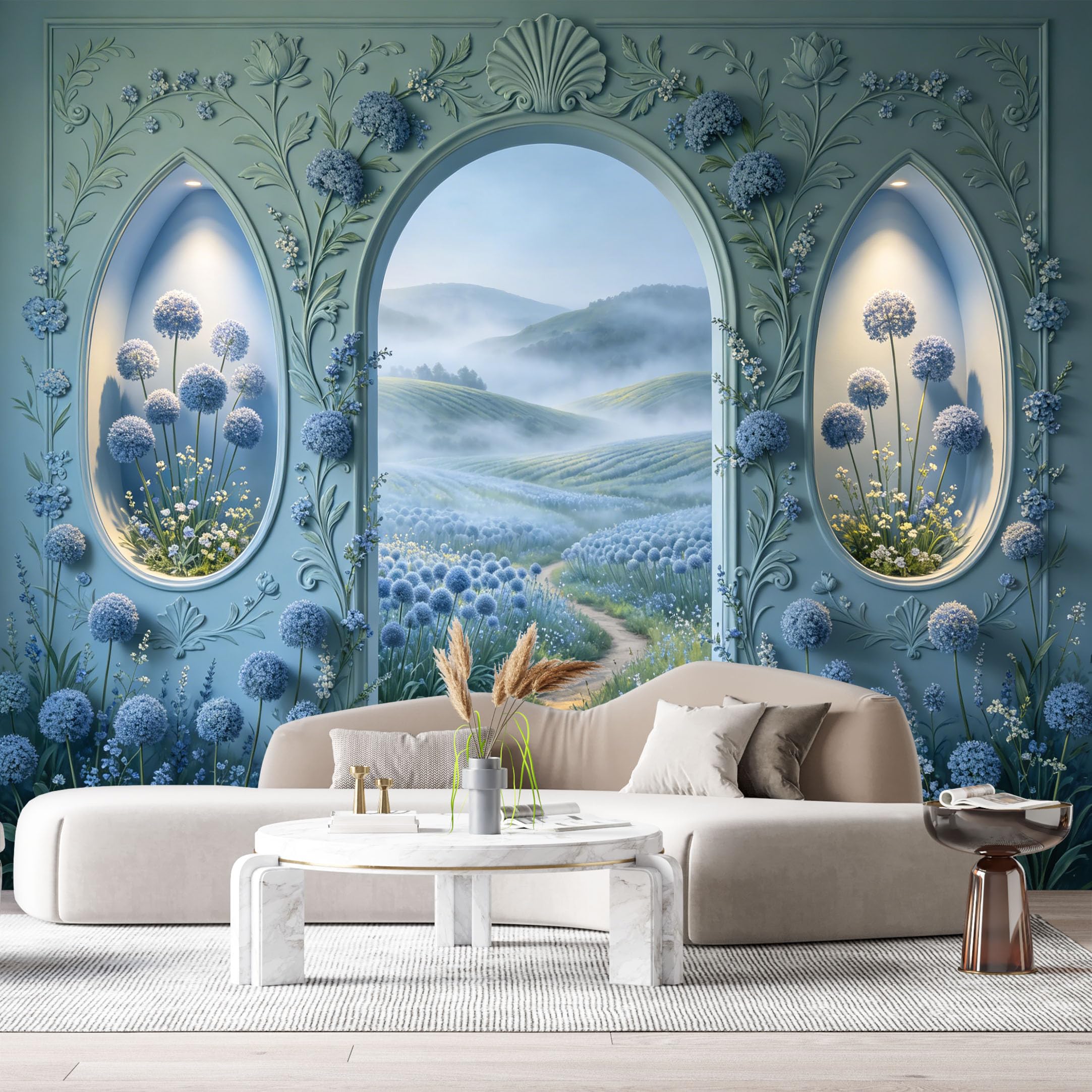 Custom Size Wall Murals Neoclassical Botanical Blue Flowers Archway Misty Landscape 3D Trompe L'Oeil SelfAdhesiveWall Fabric Removable Wallpaper Wall Decor for Living Room Bedroom Bathroom