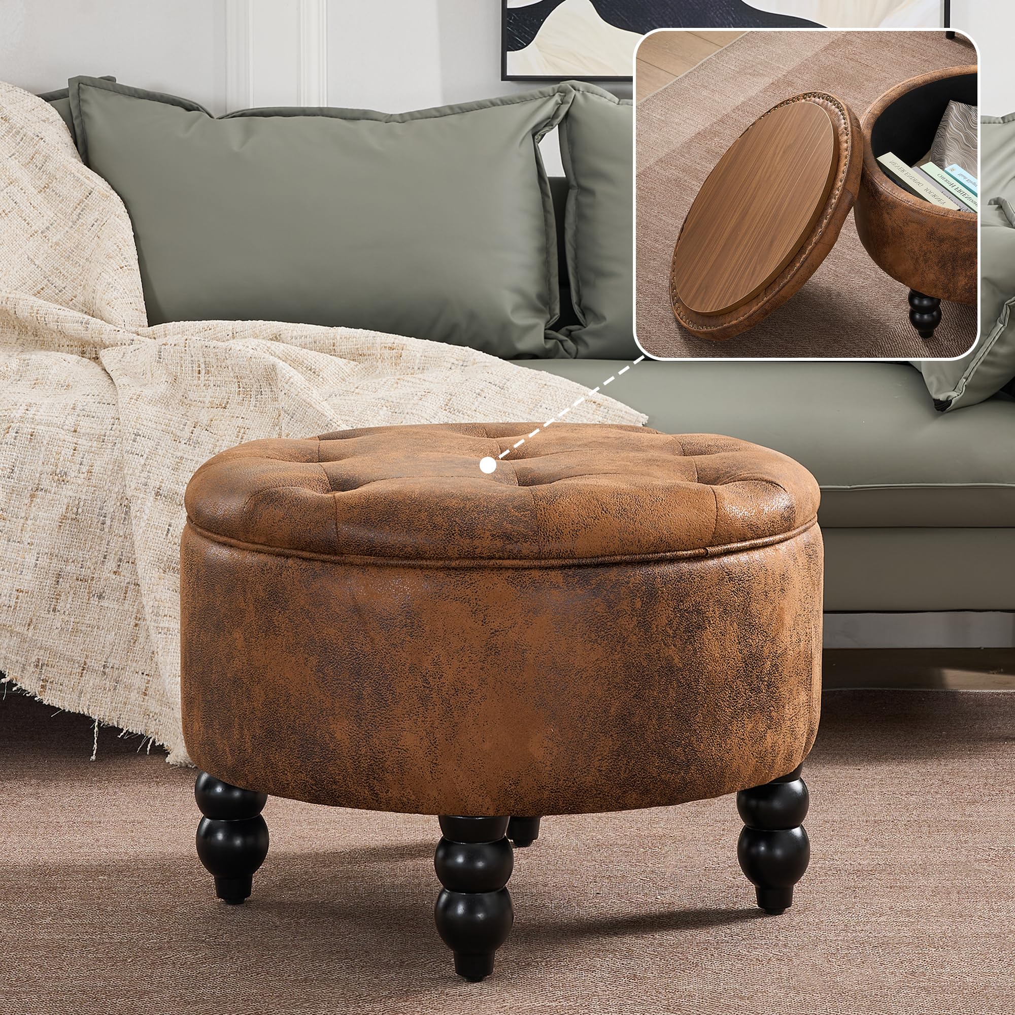 FOREDO 24 Inch PU Leather Round Ottoman with Storage, Upholstered Button Tufted Ottoman Coffee Table with Removeable Top, Foot Rest for Living Room,