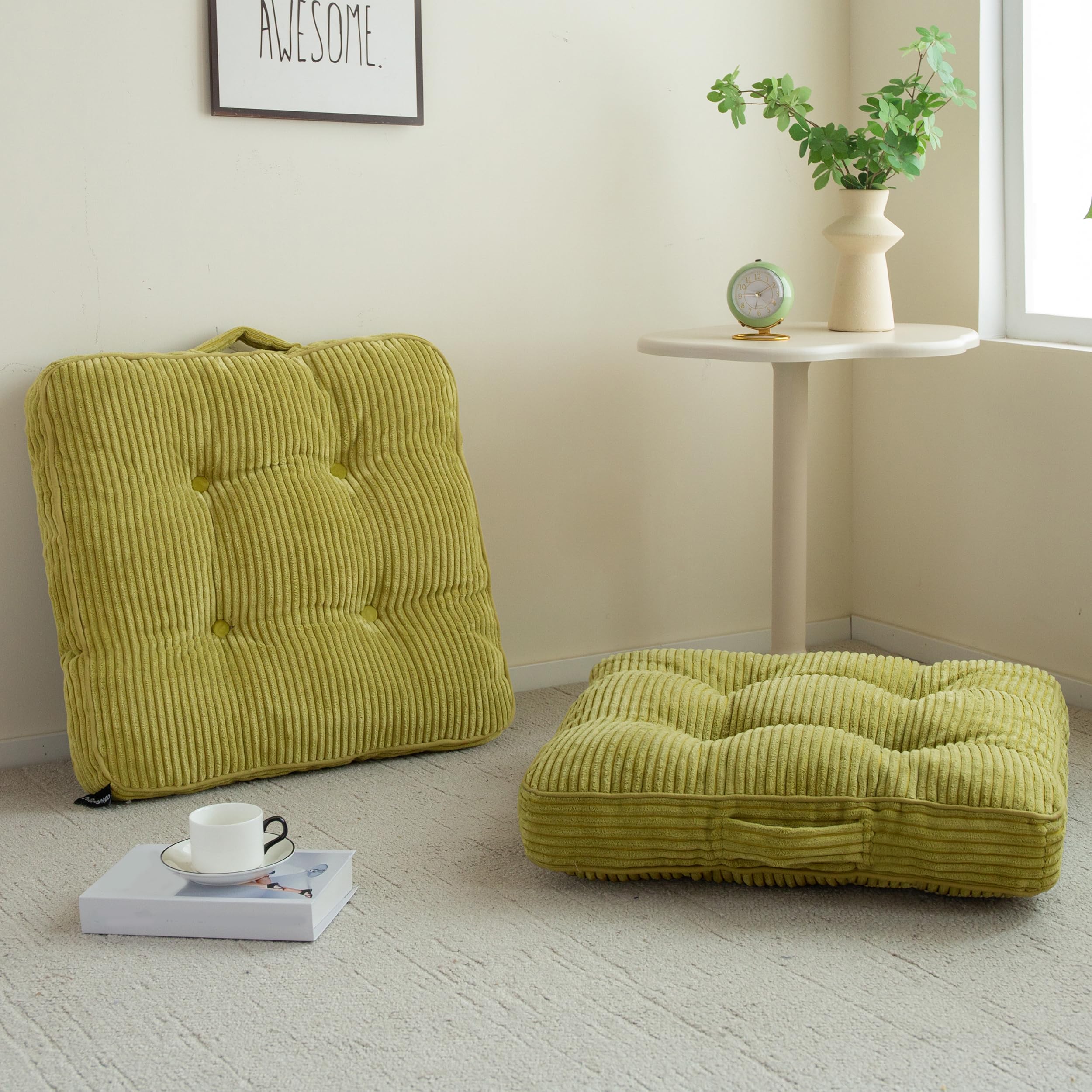 higogogo floor pillow cushion for adults, meditation cushion pillow, large square floor sitting, tufted corduroy cover, for tatami living room or yoga, 22x22 inch, 2pack, green