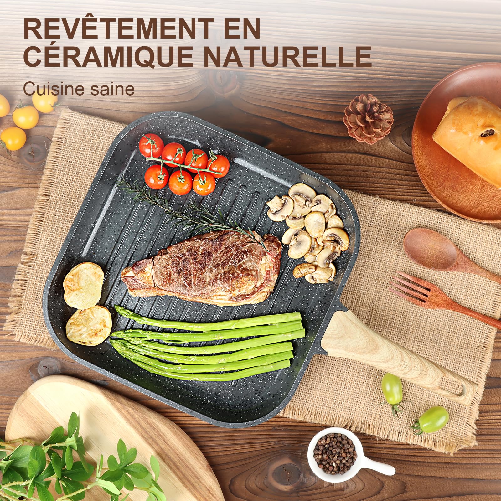 GiPP Poêle grill 28 x 28 cm, poêle à induction en aluminium moulé sous pression avec revêtement antiadhésif en granit, 100 % sans PFOA, convient pour tous les types de cuisinières (gris, 28 cm)