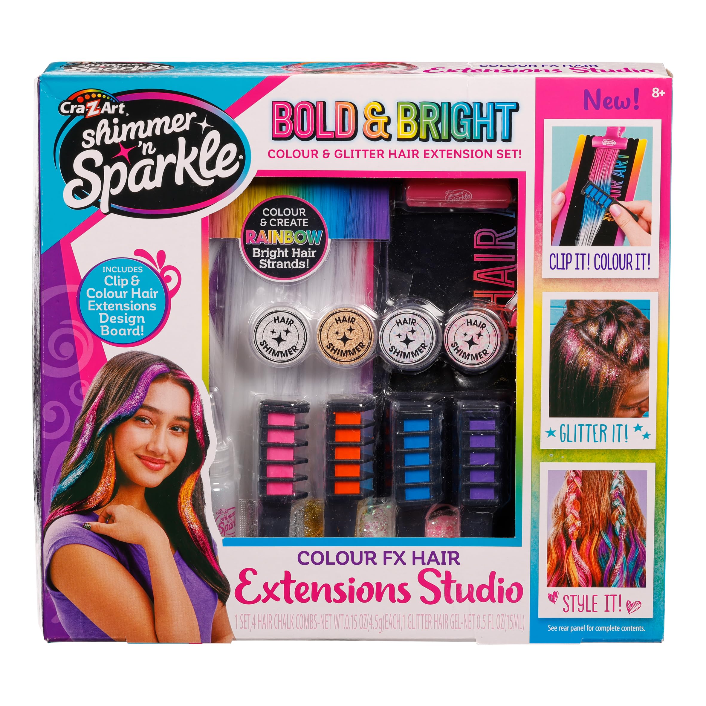 Shimmer N Sparkle Color FX Hair Extension Studio Kit with 4 Clip-In Extensions, Hair Glitter Gel, Hair Combs, and Clip & Color Design Board for Creative Styling- (65594)