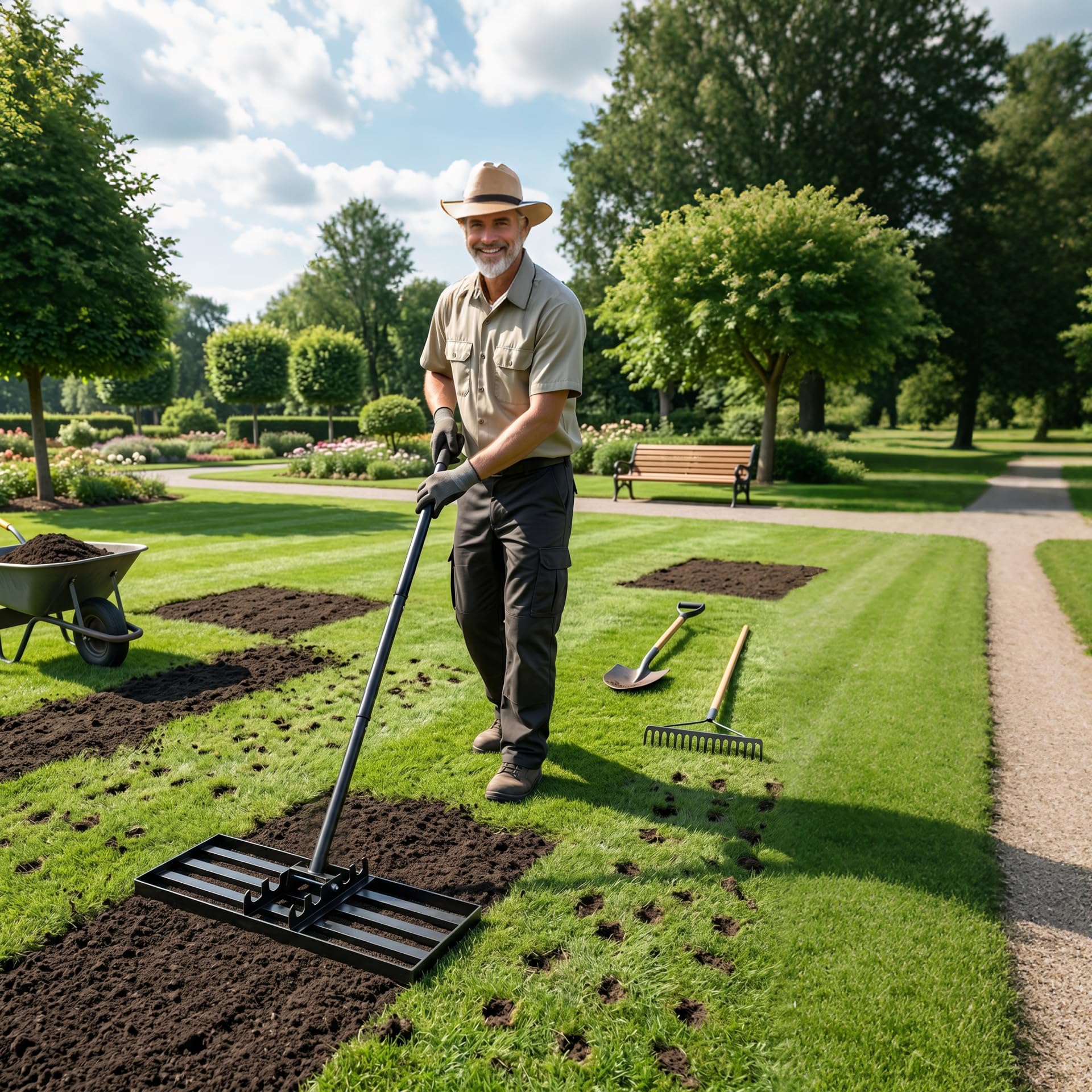 Froadp Rascador de césped de acero inoxidable, rastrillo de jardín, con mango de goma antideslizante, longitud ajustable, 101 – 202 cm, para arena, eliminación de césped perfecto (25 x 76 cm)