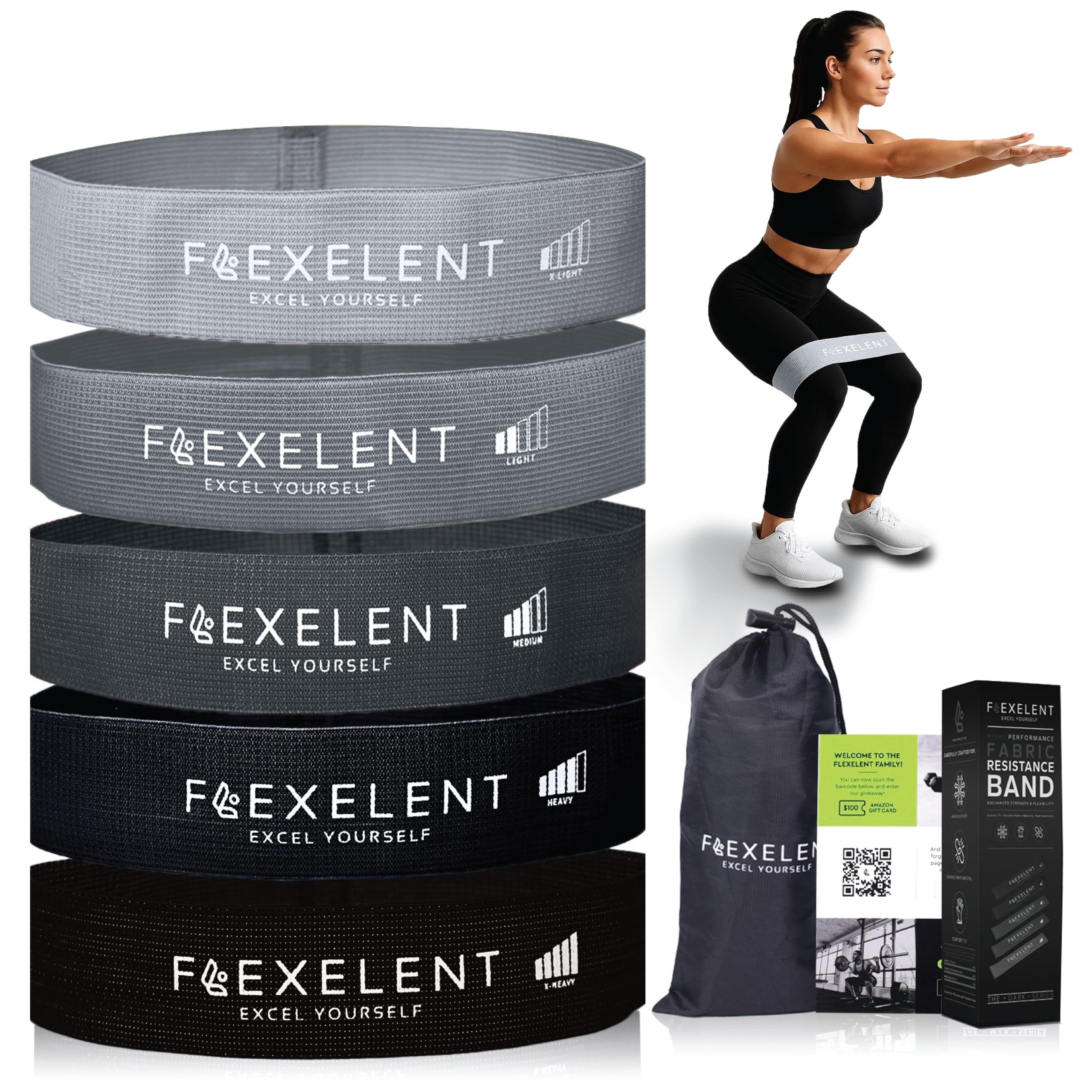 Flexelent 5 Level Fabric Resistance Bands for Working Out - Skin Friendly & Non Slip Fabric Exercise Bands Resistance for Legs, Glutes and Strength Training with Storage Bag - Black to Gray — image 1