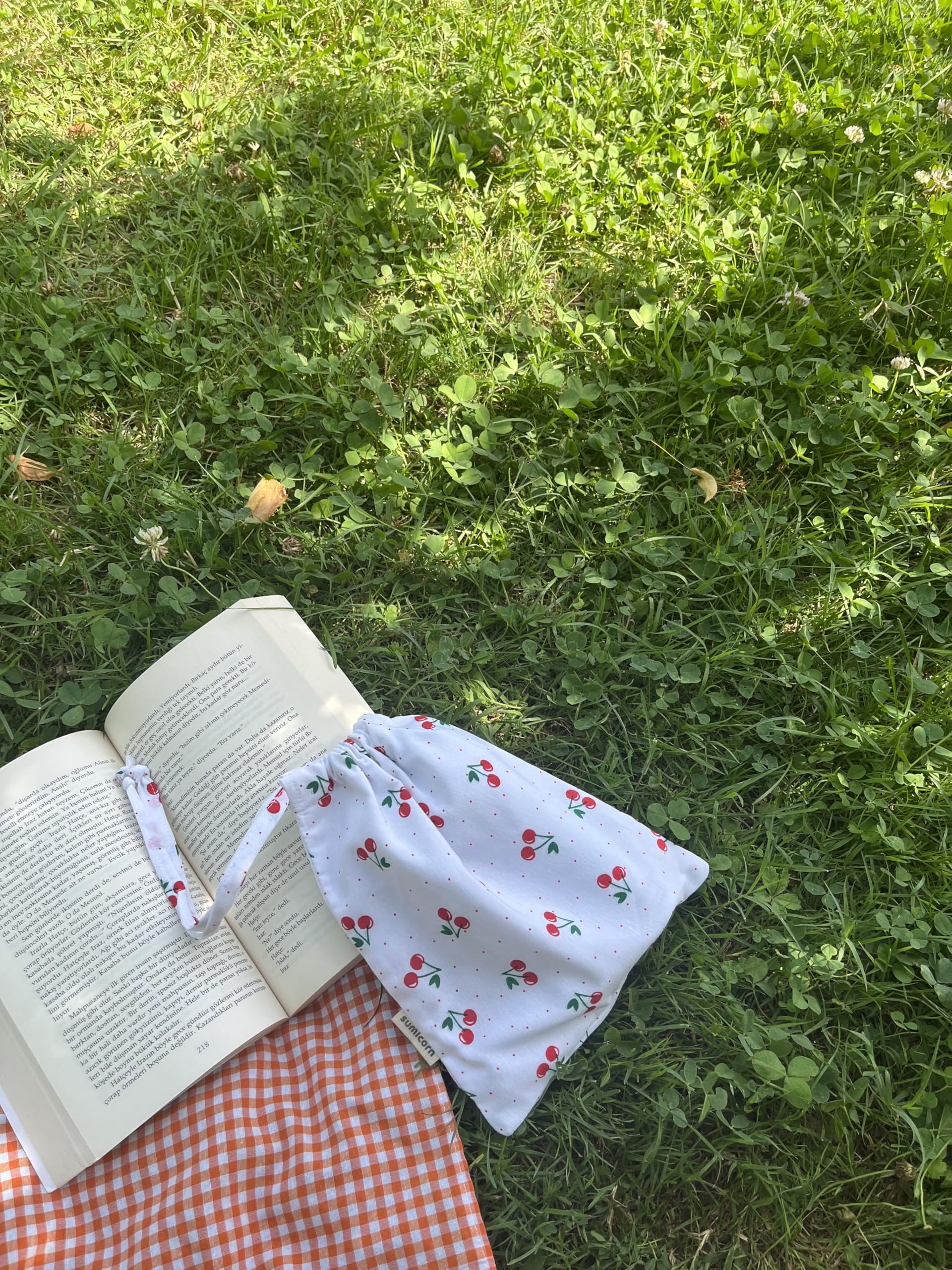 Kiraz Desenli Çevre Dostu Bez Kese,Keten Büzgülü İpli Düzenleyici Kese,Hediye Kesesi,Makyaj Çantası
