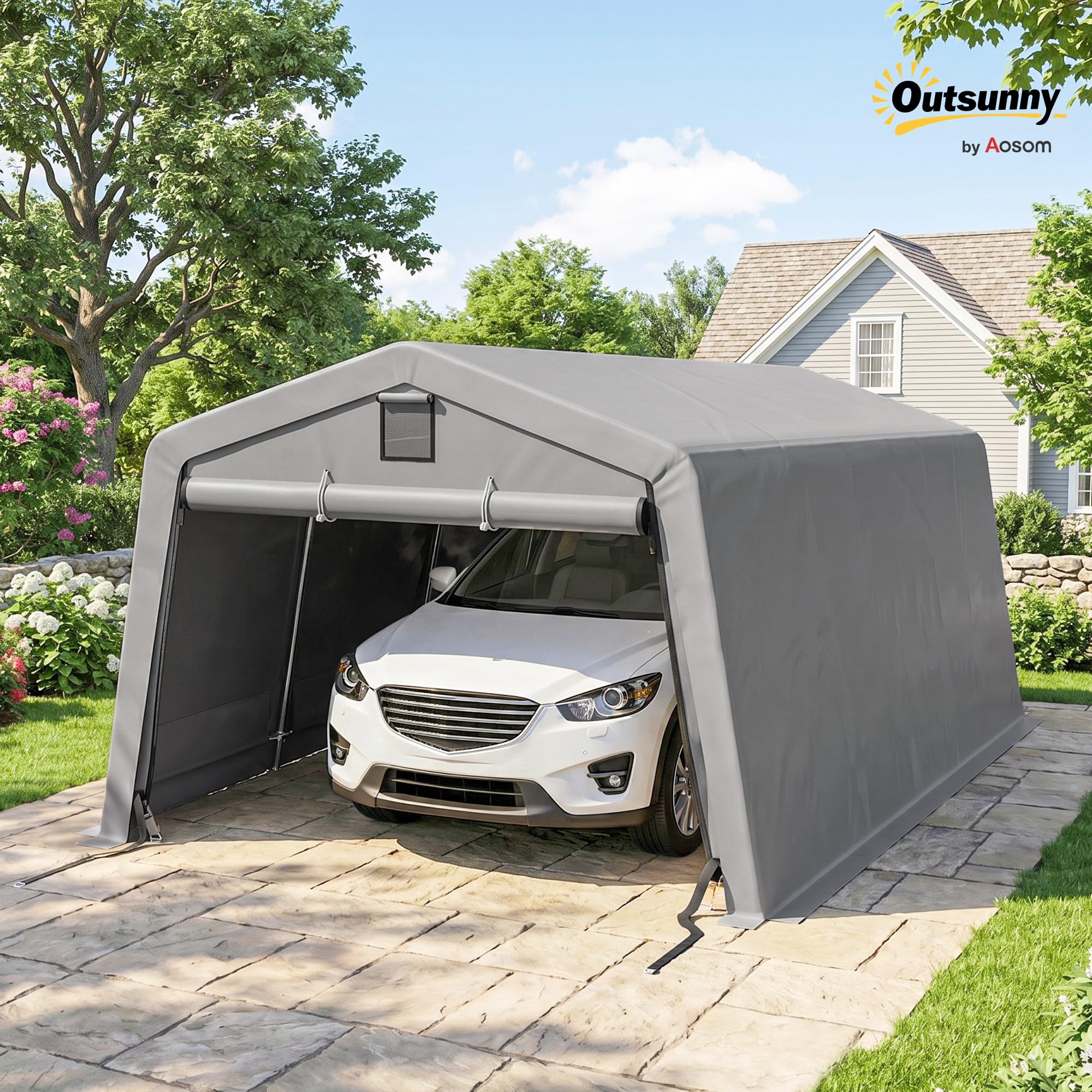 Outsunny Tente Garage carport dim. 6,2L x 3,3l x 2,4H m Acier galvanisé Robuste PE Haute densité 150 g/m² imperméable Anti-UV, 1 Porte Gris Clair et 2 aérations