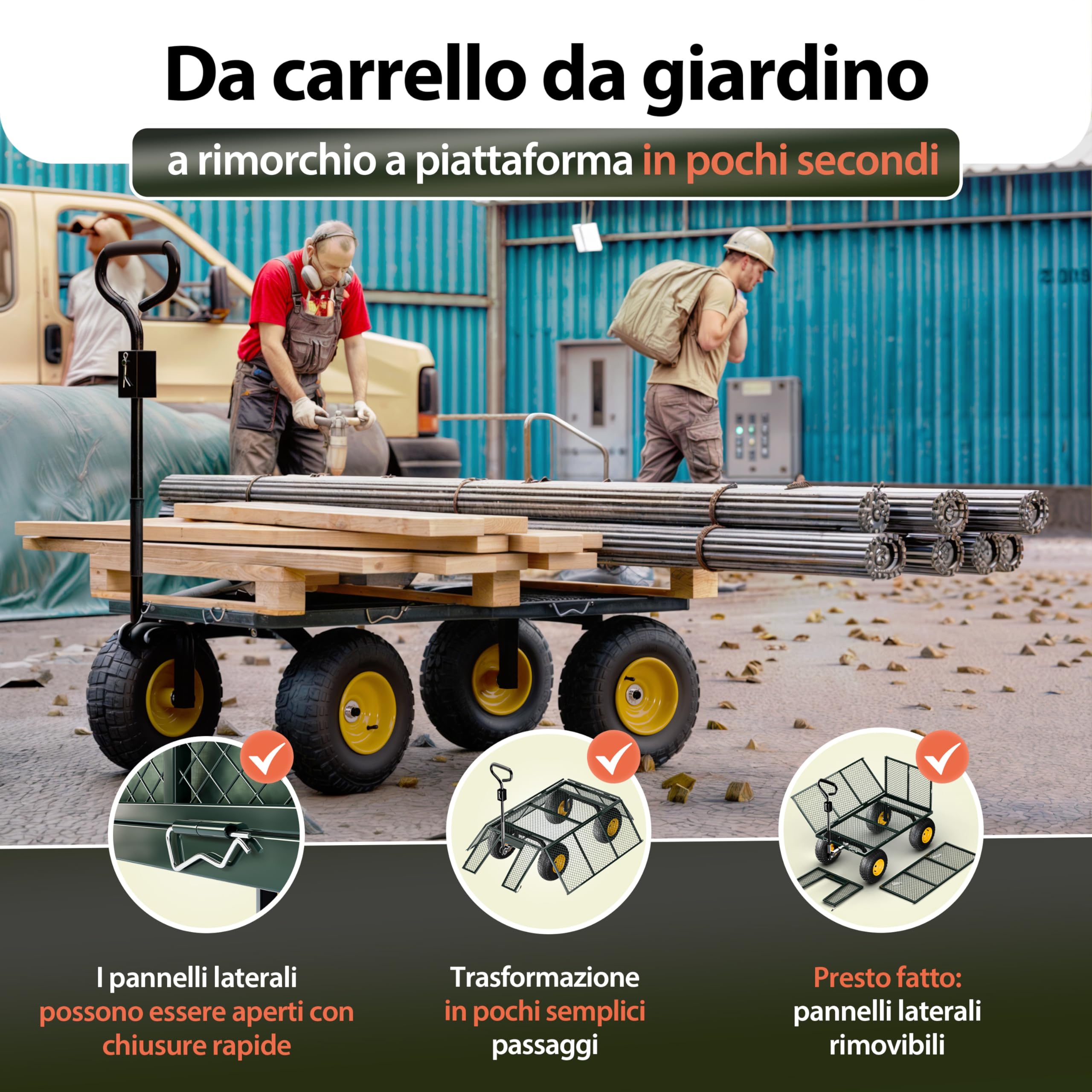 GARDEBRUK® Carrello Portatutto con Ruote 550 kg Rimorchio Carretto Grande da Giardino con Borsone in Tela Rimovibile