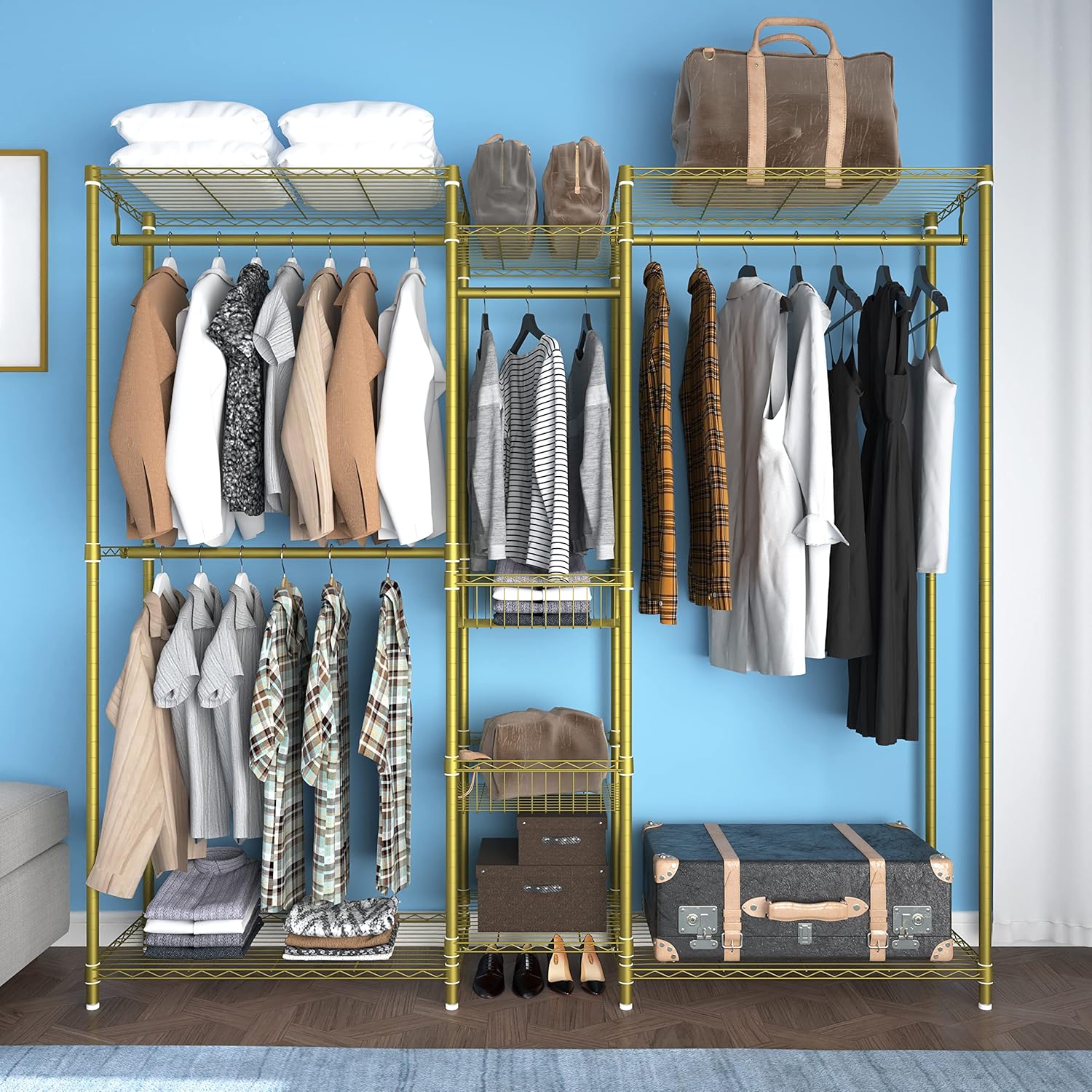 xiofio 6 tiers heavy duty clothes rack, metal clothing rack,clothing storage organizer,garment rack with basket,hanging adjustable garment rack,65.0" l x 15.7" w x 76.0" h,max load 800lbs,gold