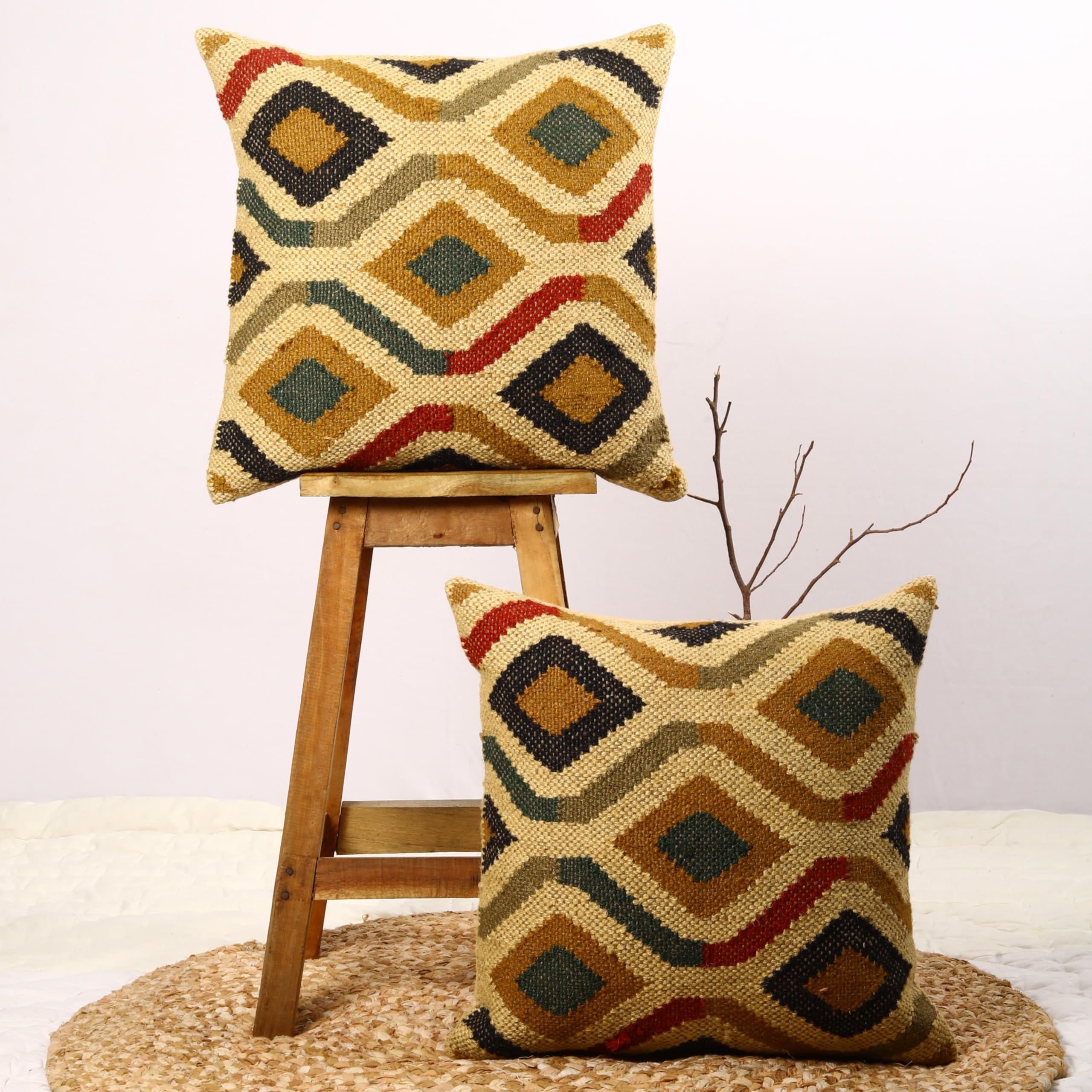 Trade Star 70% Jute 30% Wool Throw Cushion Cover Set of 2 Kilim Pillow Cover Handwoven Cushion Case Decorative Pillow Highly Durable Rug Pillowcase Quality 18x18 Inches