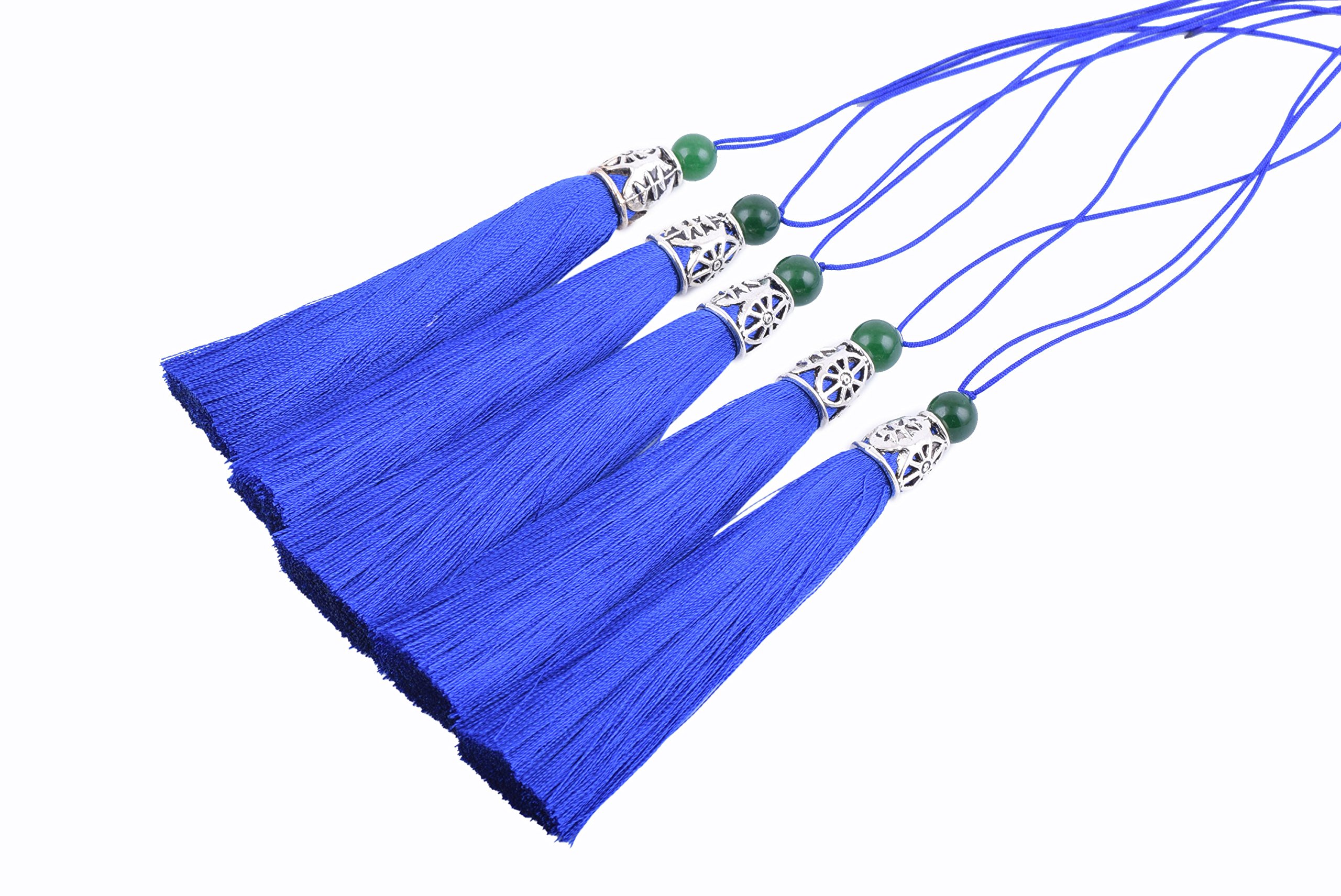 KONMAY10pcs 3.8''(9.0cm) Soft Long Craft Silky Handmade Tassel with Hollowed Antique Silver Cap and Jade Beads (Royal Blue)