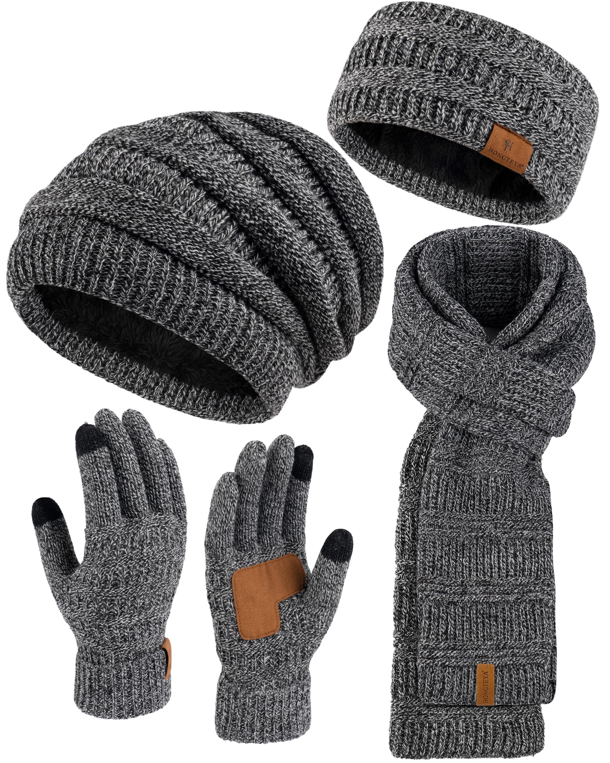 Damen Beanie Schal Handschuhe Stirnband Set Wintermützen Fleece gefüttert Schal Touchscreen Handschuhe Ohrwärmer Strick 4 Geschenk-Set