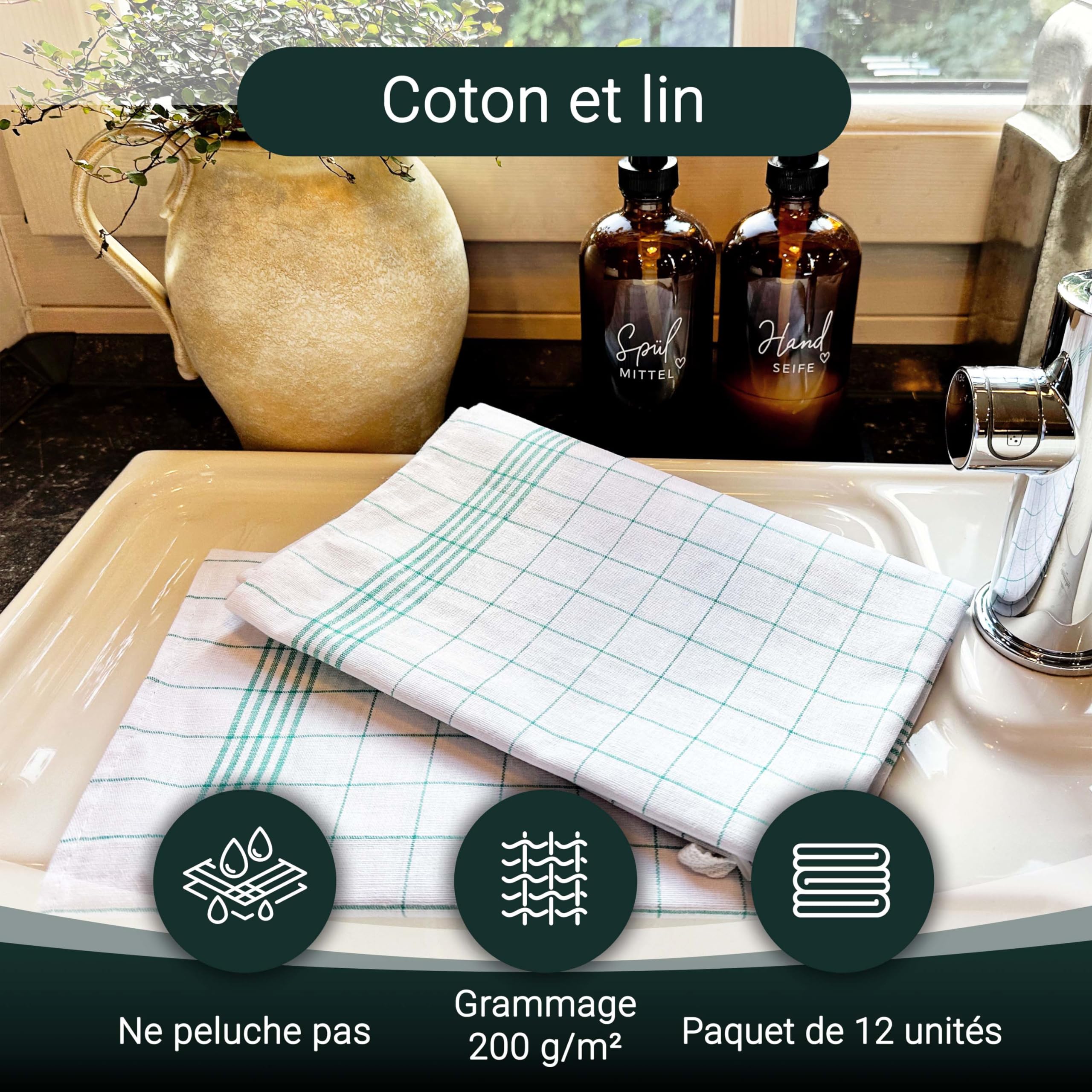 Set De 4 Torchons Cuisine Coton - Rayé Menthe, 50x70cm - Absorbant, Lavable 60°C - ZOLLNER