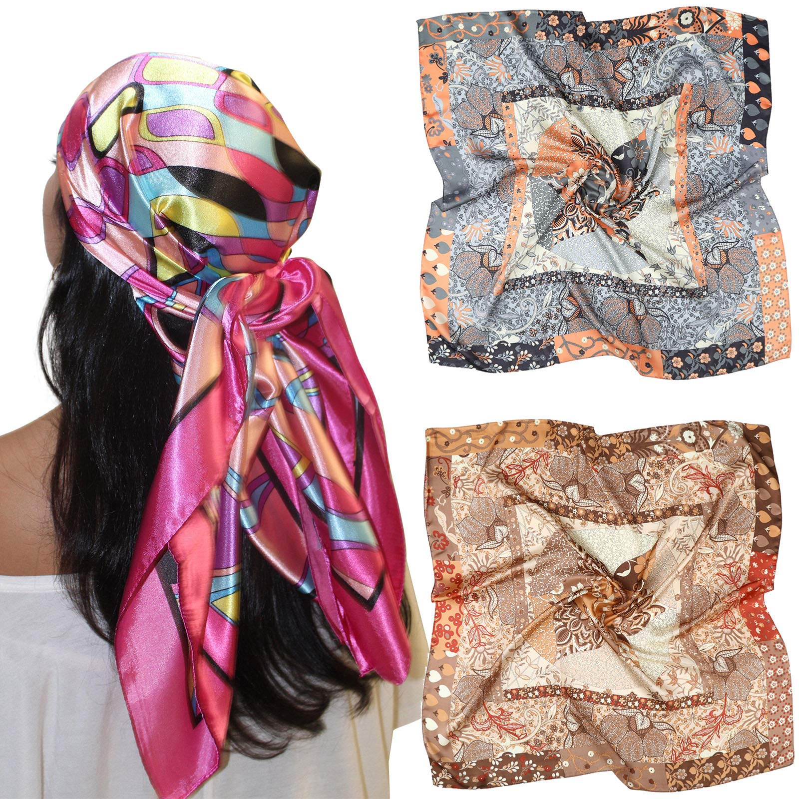 35” Large Satin Square Head Scarf - 2Pcs Silk Like Floral Head Scarves Square Satin Hair Scarf Bandanas for Women