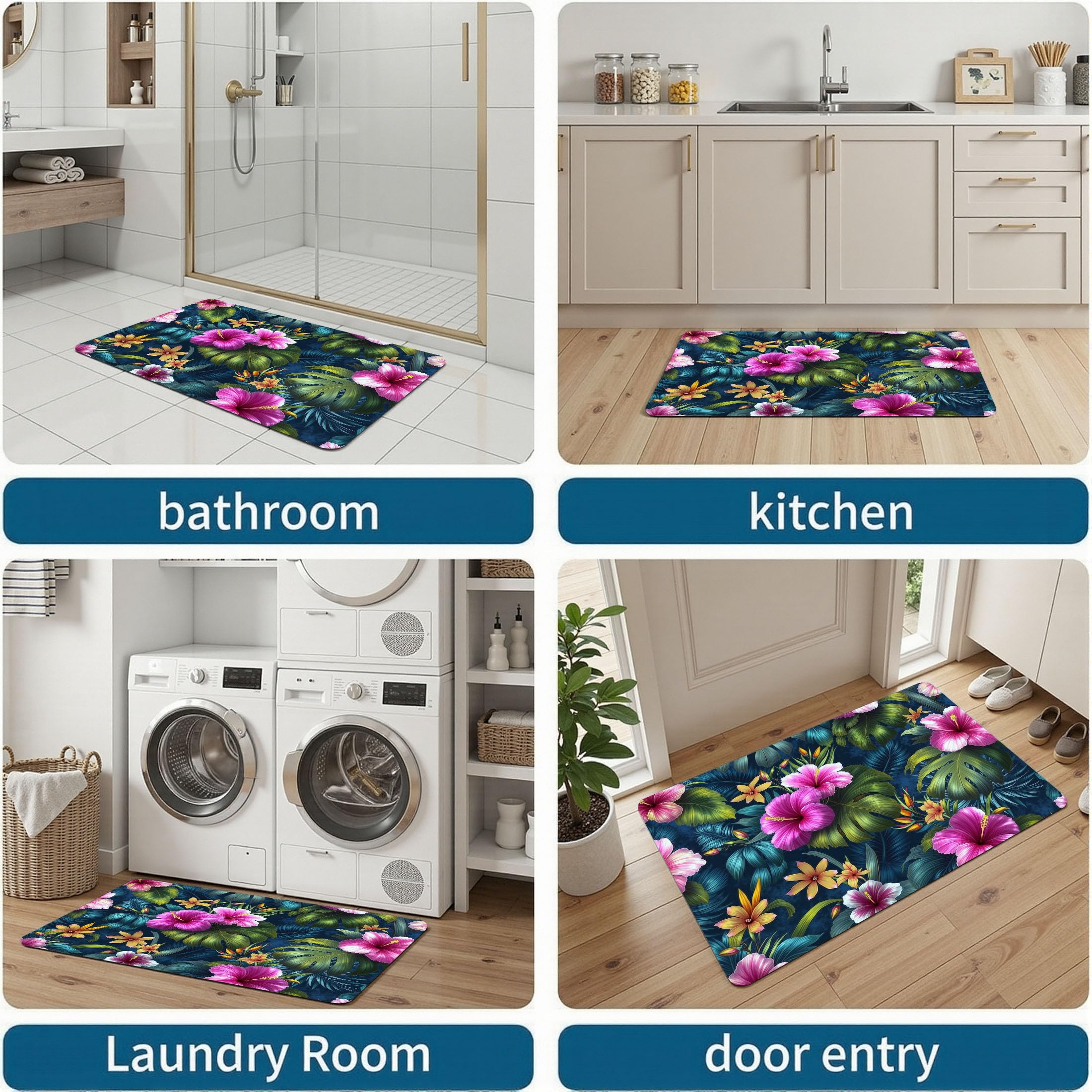 Paillasson de intérieur Antidérapant, Tapis de Tropical Charme, Tapis Salle de Bain Flanelle Douce, Absorbant l'eau, pour Cuisine (Hibiscus Plante À Feuilles, 80x120cm