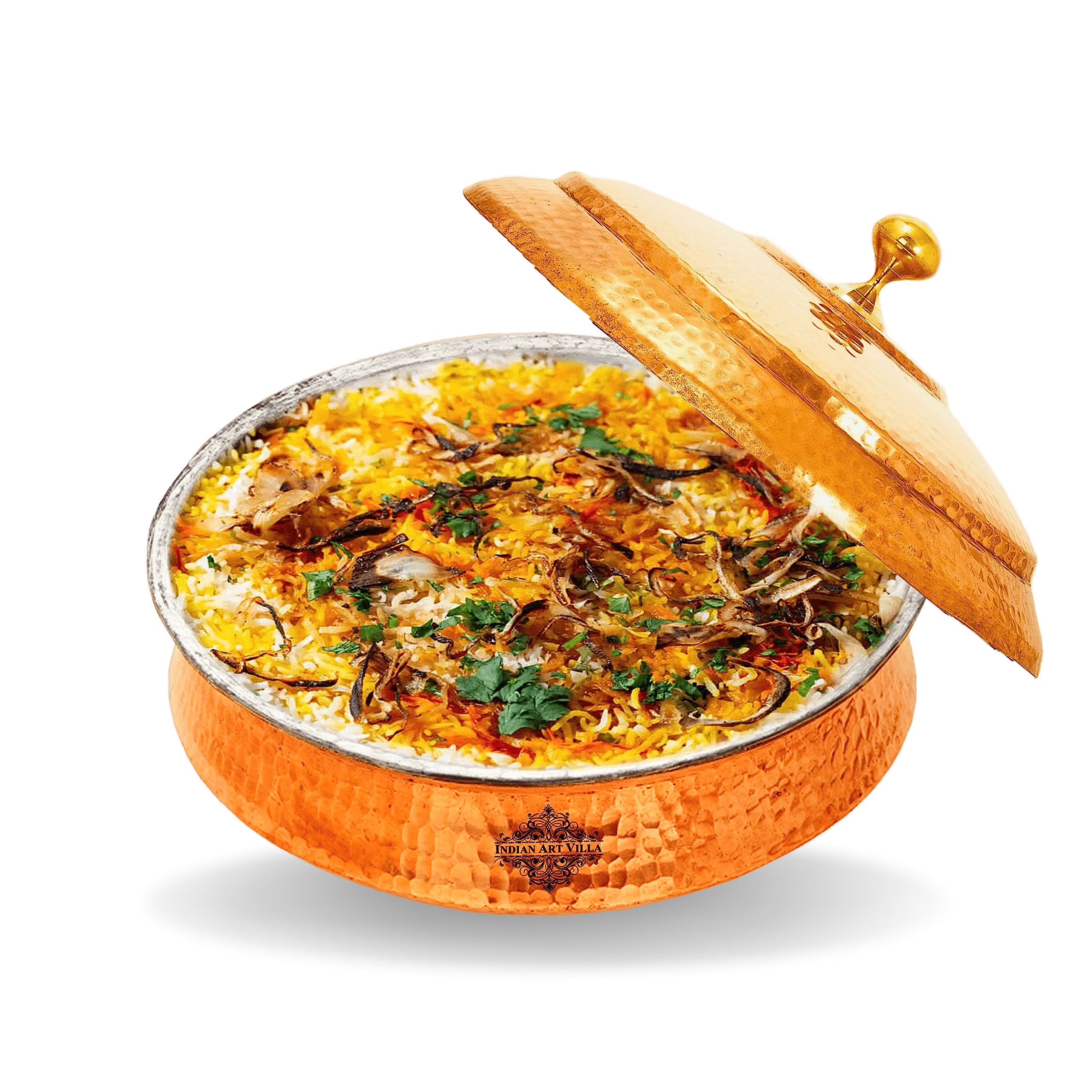 INDIAN ART VILLA Pure Copper Lagan Handi With Lid, Tin Lining, Hammered Cookware For Hyderabadi Dum Biryani Rice And Veg/Nonveg, 24 Inch, 35 Liters