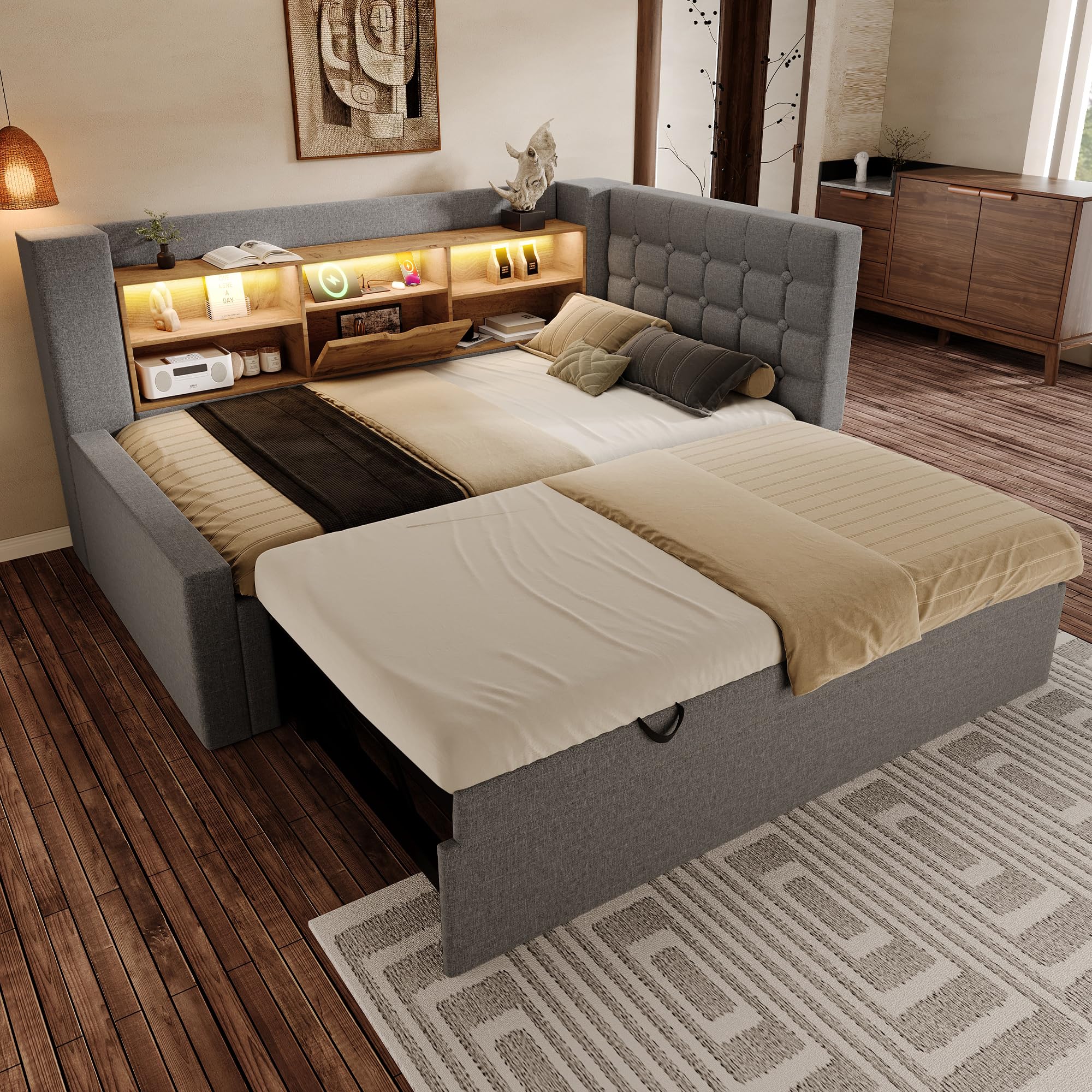 Cama acolchada con iluminación LED, 90 x 200 cm, con cama nido 90 x 190 cm, cabecero en forma de L con espacio de almacenamiento, montaje en ambos lados, somier de listones, lino (gris-A)