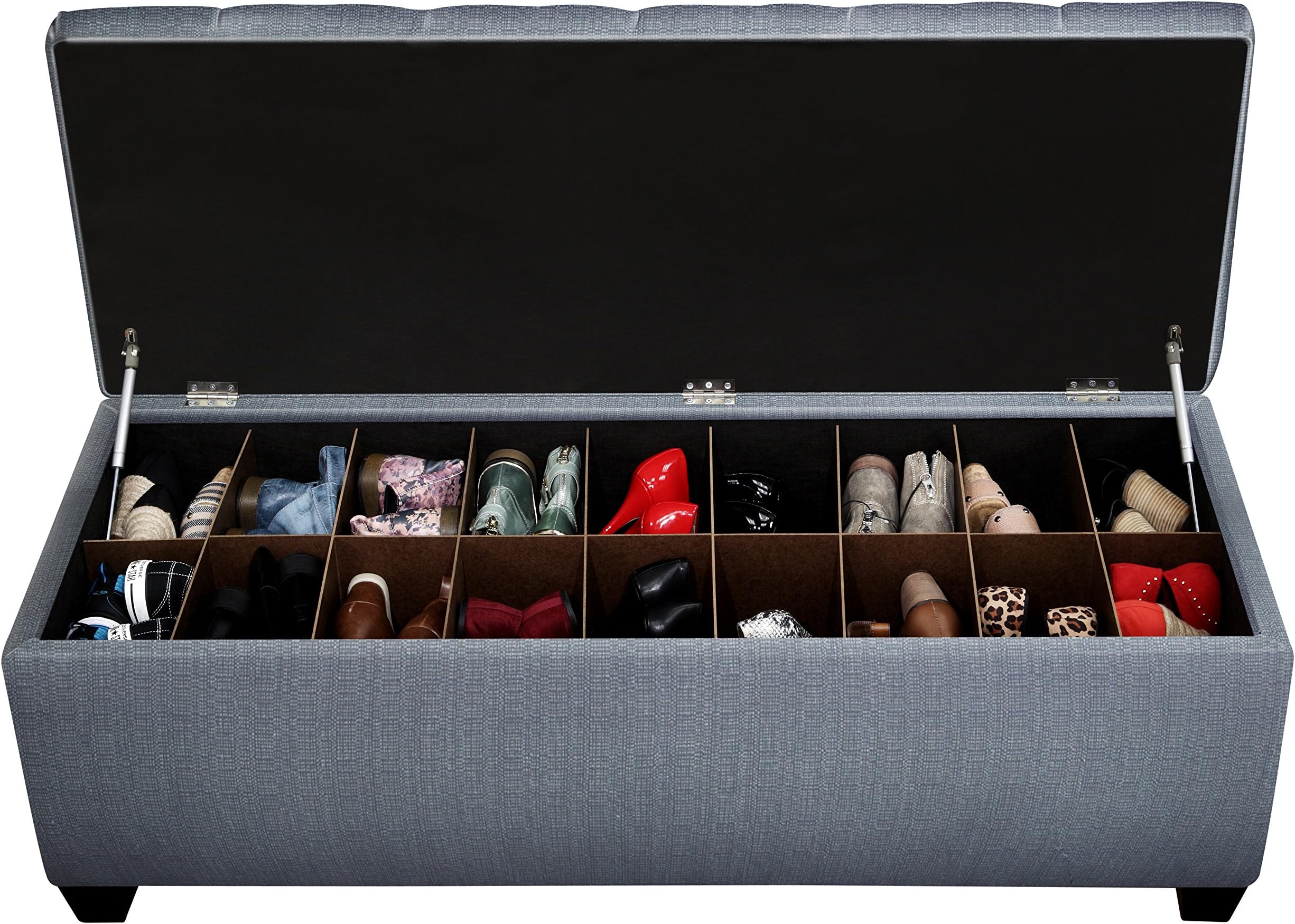 Button Tufted Shoe Ottoman Storage Bench for Bedroom or Entryway, Adjustable Wooden Inserts, Stores up to 36 Pairs, Easy-Open Hinged Lid, Large, Candice Bay Blue