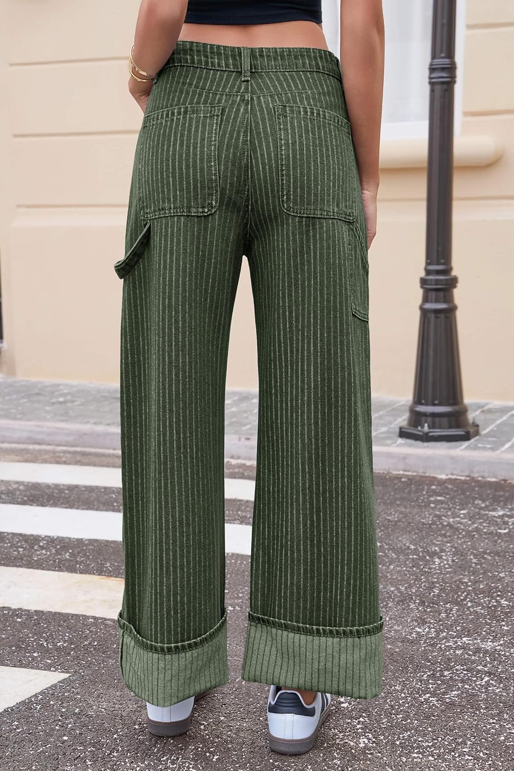 Cicy Bell Womens Striped Wide Leg Jeans Baggy Boyfriend High Waisted Cuffed Denim Pants with Pockets - Image 4