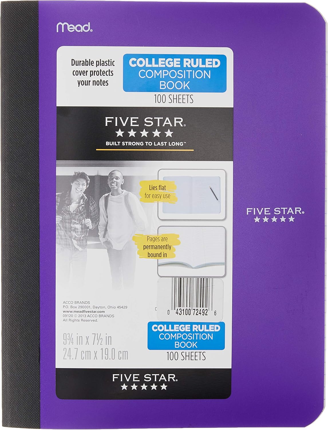 Five Star Composition Book, Notebook, College Ruled Paper, 100 Sheets, 9-1/2" x 7-1/2", Comp Book, Purple (72492)