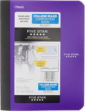 Five Star Composition Book, Notebook, College Ruled Paper, 100 Sheets, 9-1/2" x 7-1/2", Comp Book, Purple 72492