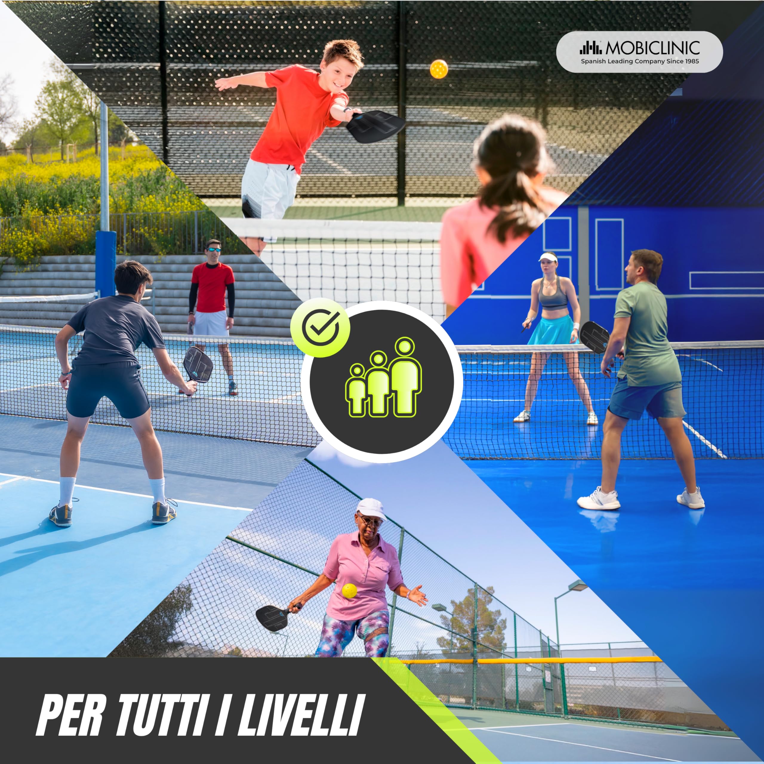 Mobiclinic®, Set da Pickleball, Racchette in Fibra di Vetro, Palline per Interni ed Esterni, Borsa per il Trasporto, Anima in Polipropilene a Nido D'ape, Grip