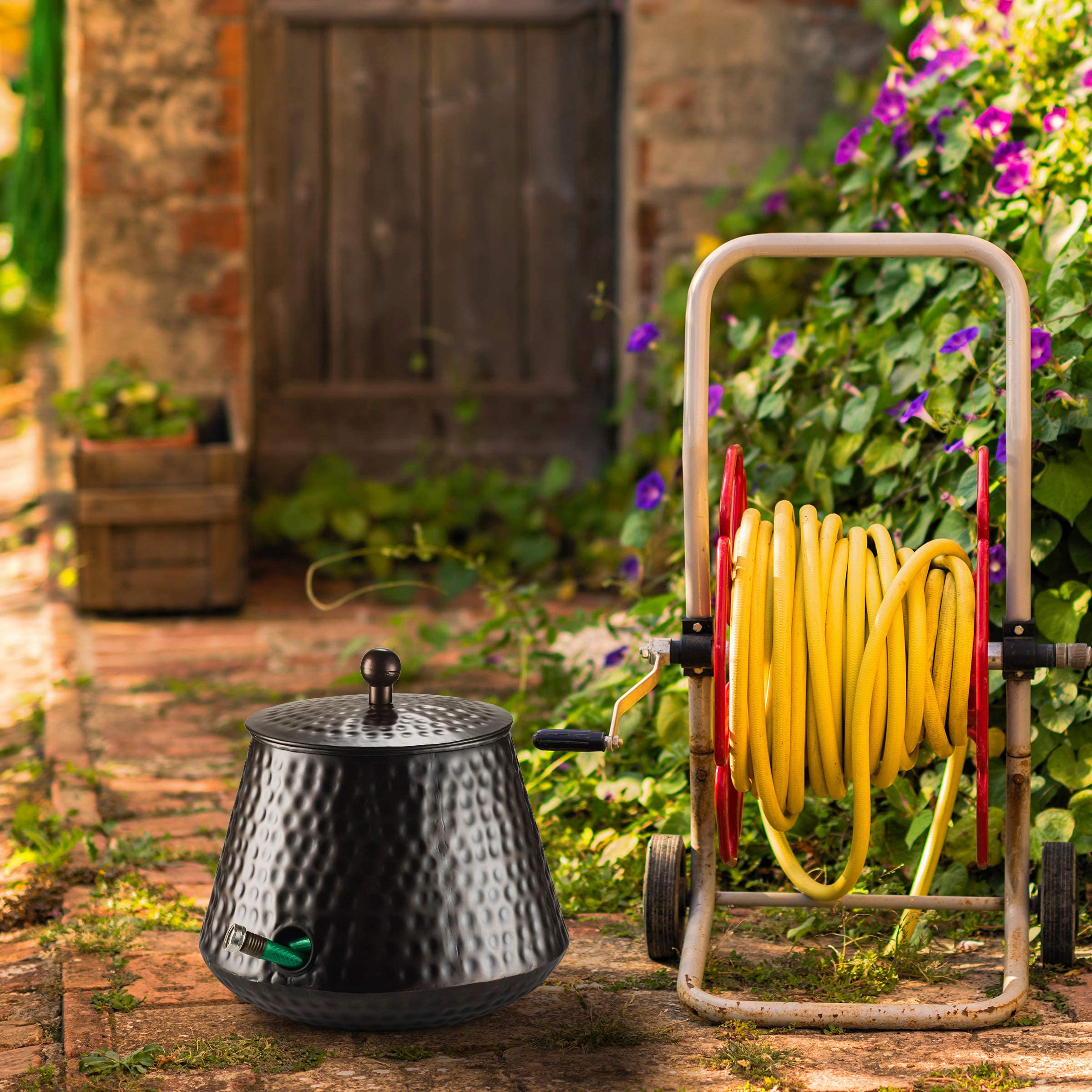 Decorative Garden Hose Pot Storage Holder with Lid Copper Finish 12 x