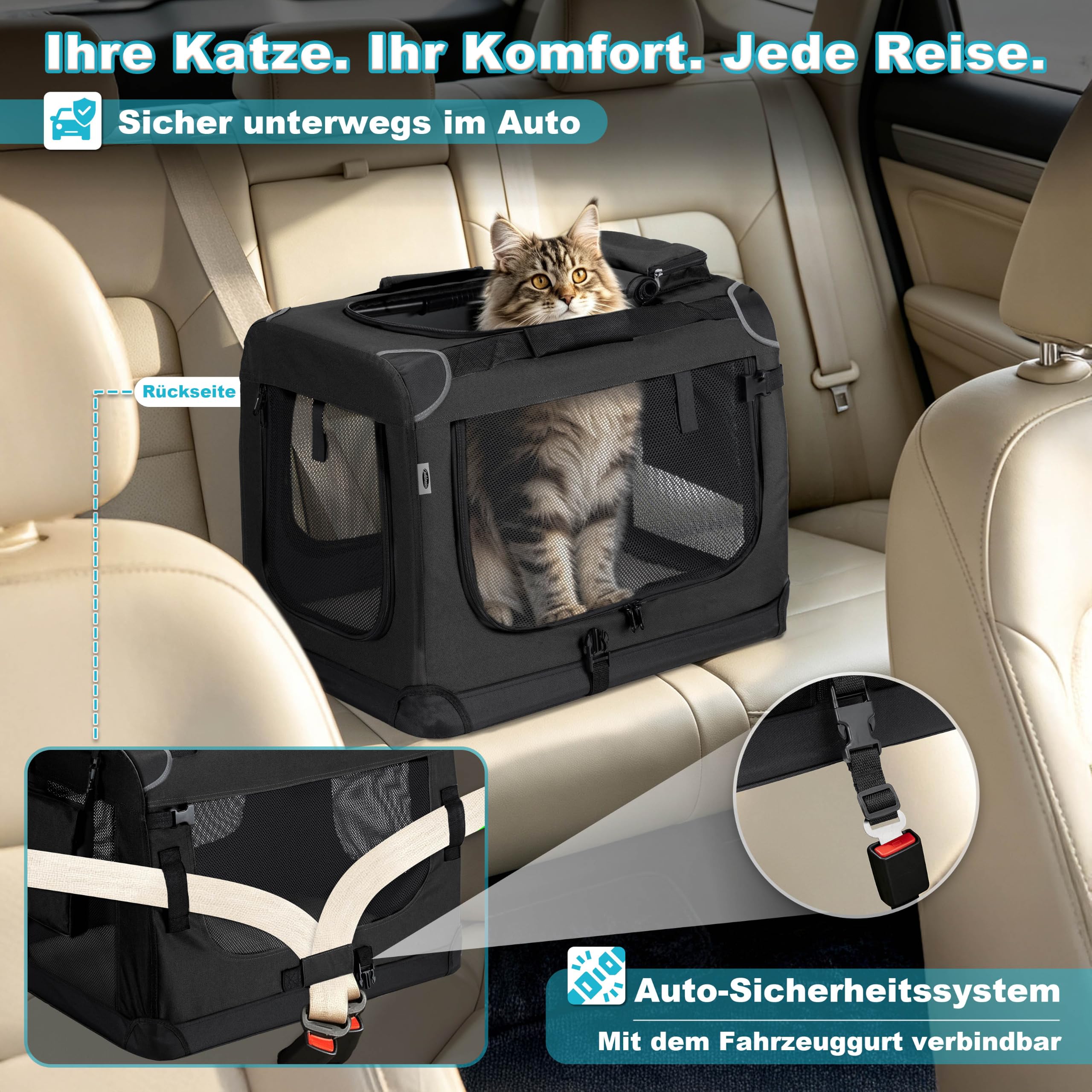 Zedelmaier Katzentransportbox extra groß, faltbar, bis 15kg, Schwarz