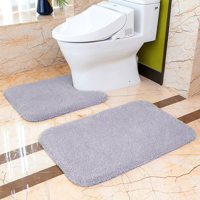 VANZAVANZU Non Slip Bath Mat Set 2 Piece Thickened Bathroom Mat Set Absorbent Ultra Soft Bath and Pedestal Toilet Mat Set Fluffy Microfiber Toilet Rug - 50 x 80cm & 50 x 60cm U Shape (Baby Lavender)