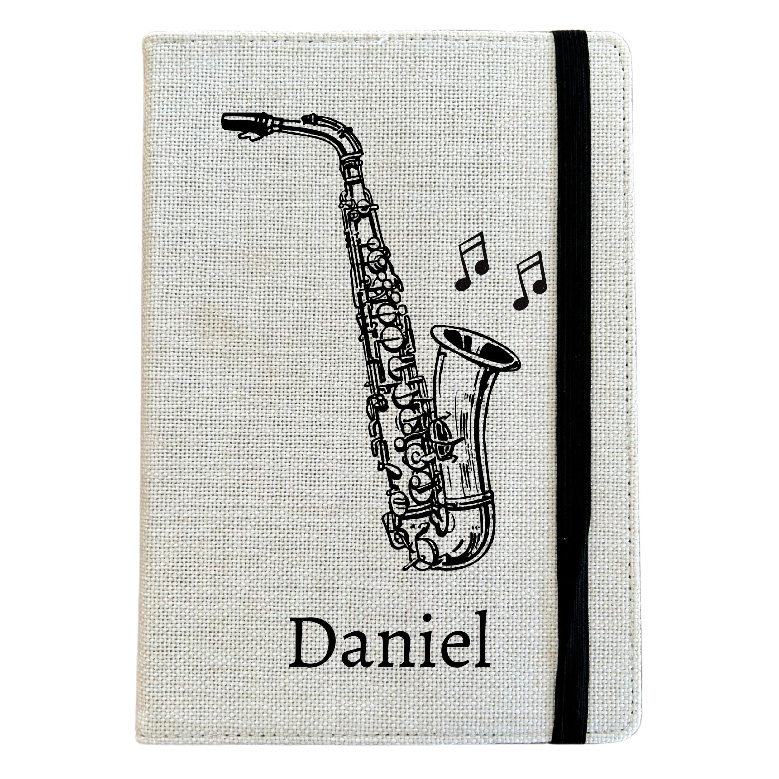 Personalised Saxophone A5 Notebook - Jazz Music Instrument Lined Journal - Reusable Hobby Notebook Cover - Linen Hardback Journal Cover