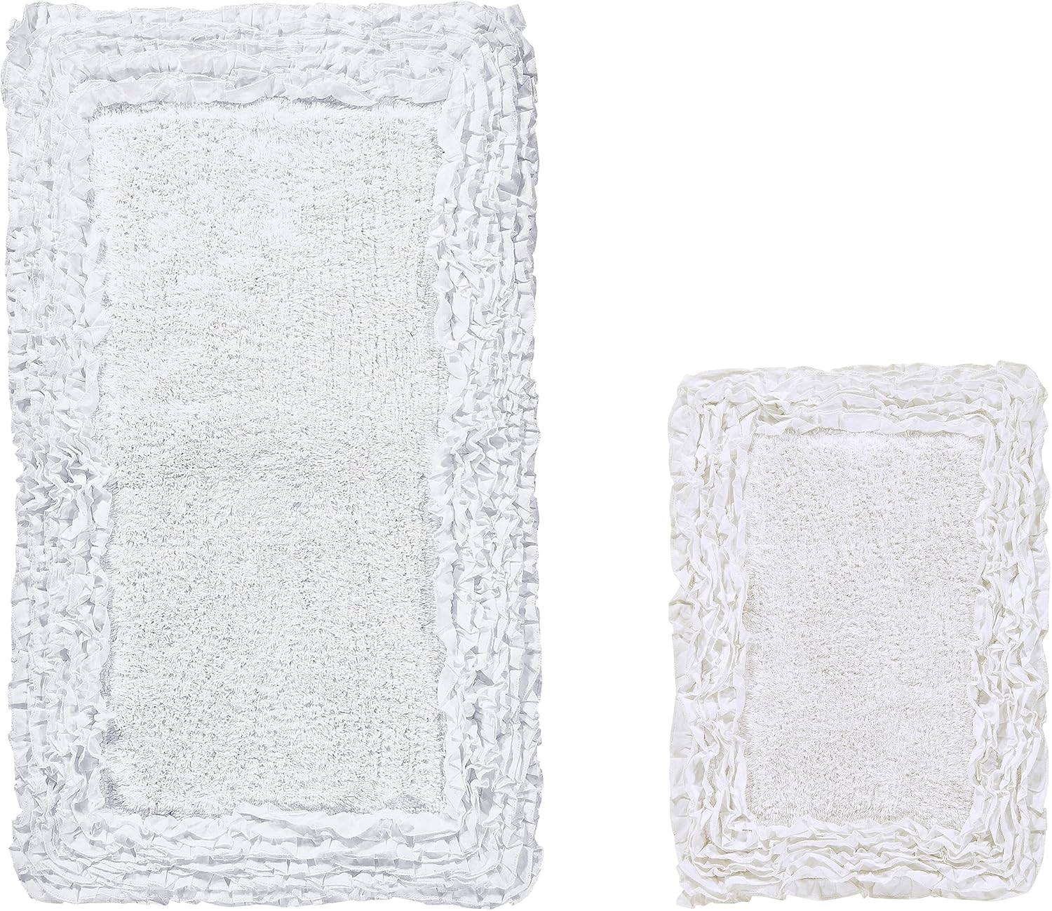 Better Trends 2 Piece Bathmat Set 100% Cotton Water Absorbent, Non-Slip Bath Rug Extra Soft Tufted Washable Mat for Bathroom, Kitchen, Home (17”x24”|24”x40”) White Shaggy Border Collection