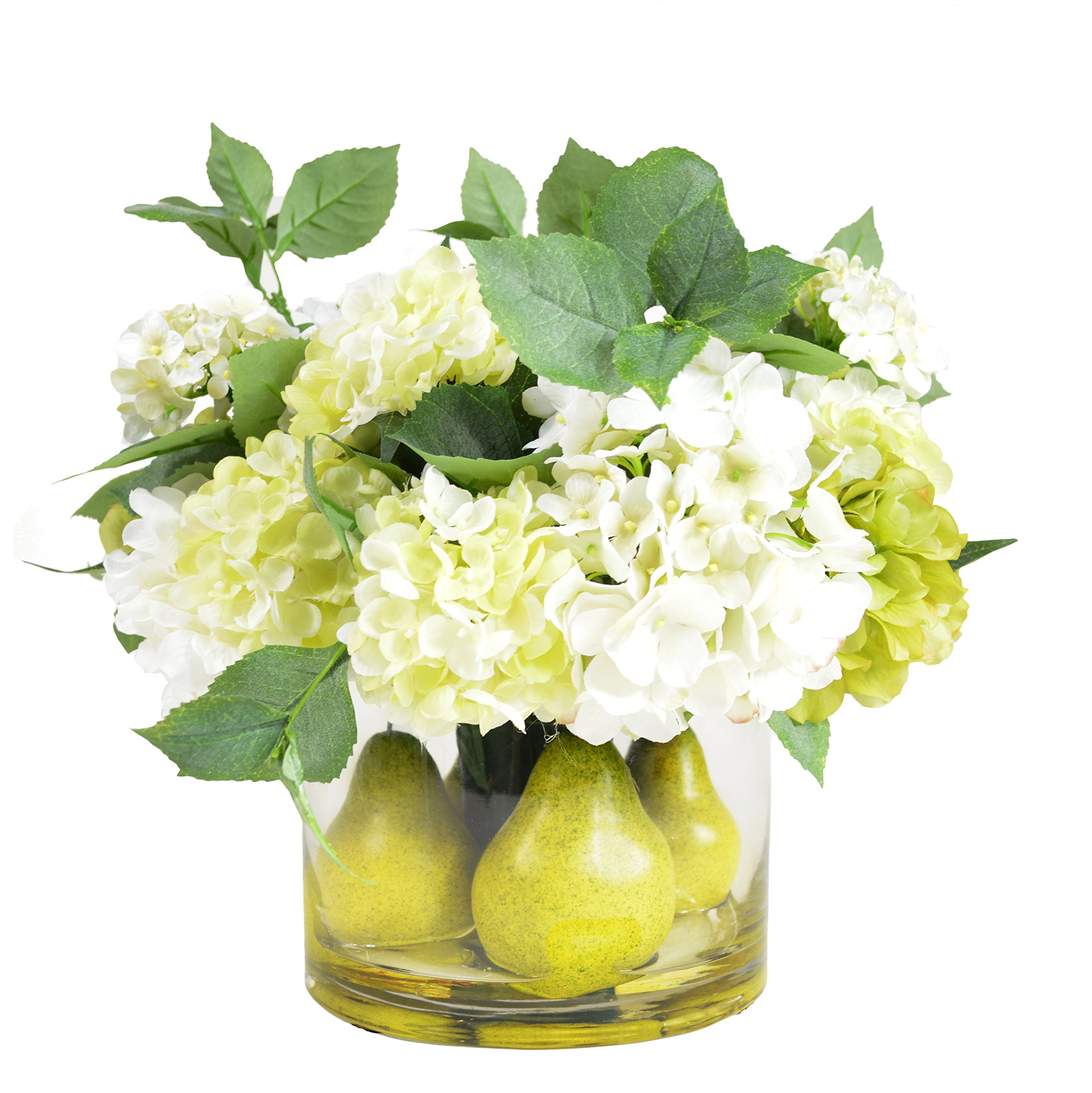 Creative Displays Green and White Hydrangeas in Pear-Filled-Glass Container with Acrylic Water