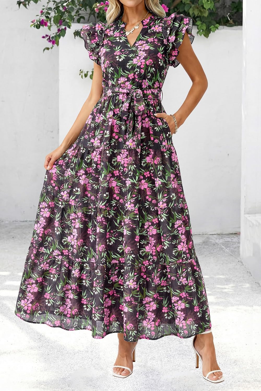 dowerme Women Summer Maxi Dresses 2026 Ruffle Sleeve V Neck Floral Boho Long Dress Belted Tiered Sundress with Pockets - Image 5