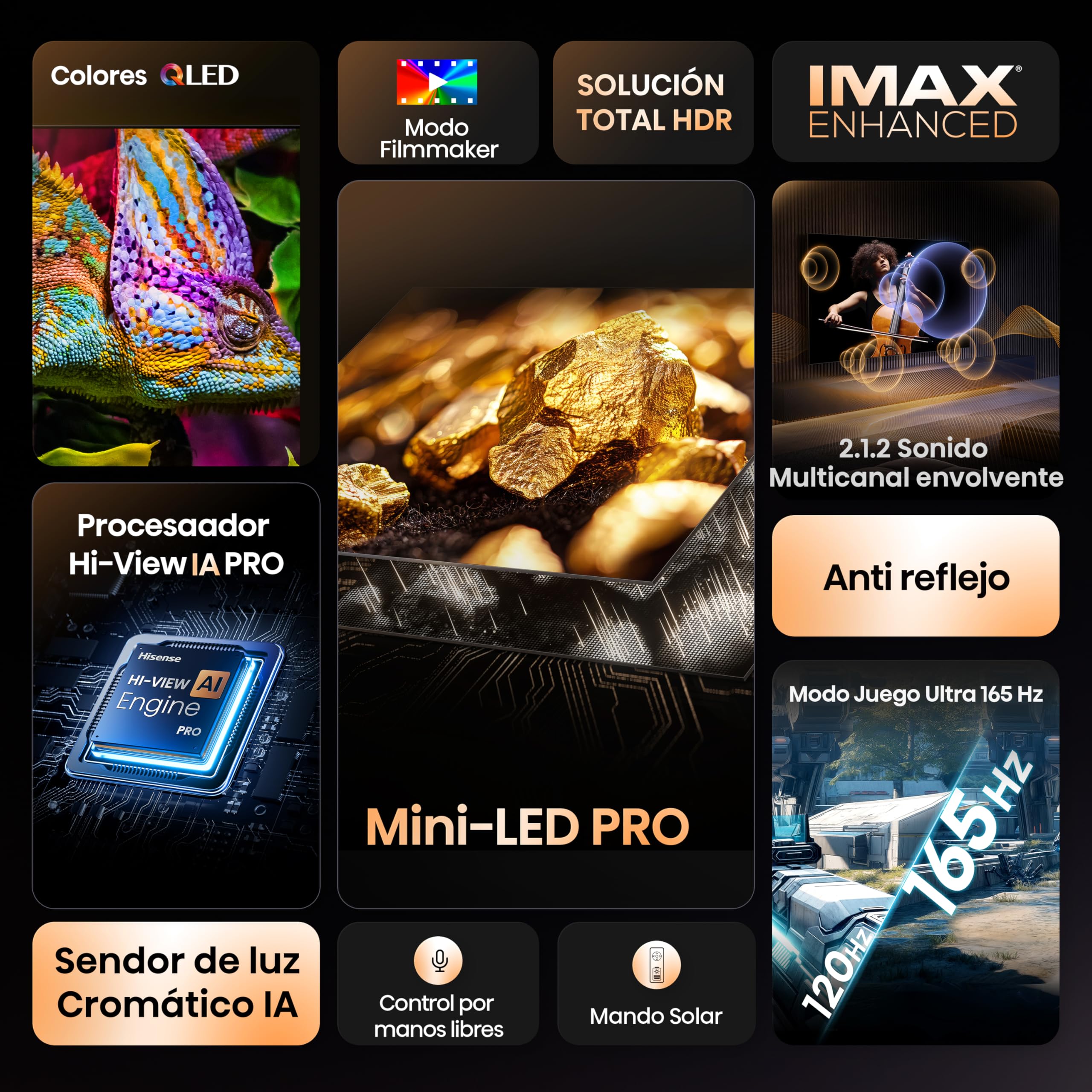 Hisense 100U70Q Pro - Mini LED Pro Smart TV 100 Pulgadas, Procesador Hi-View IA Pro, Modo Juego Ultra de 165Hz, Full Array Local Dimming, Sonido 2.1.2, Dolby Vision IQ, Dolby Atmos, Antireflejos