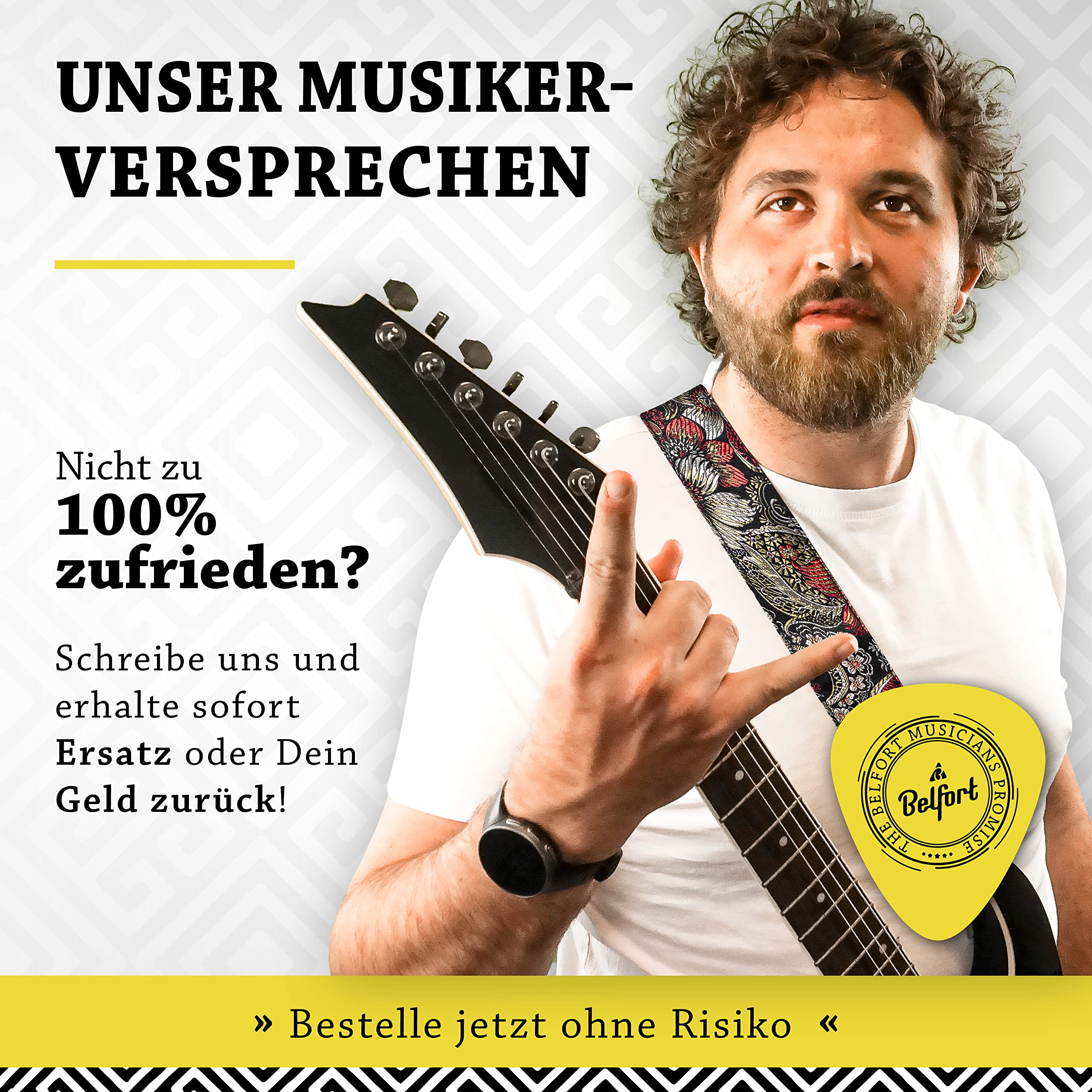 Belfort® Pasek do gitary - pasek do gitary elektrycznej, gitary akustycznej, gitary westernowej, basu elektrycznego i ukulele, dla dorosłych i dzieci, pasek gitarowy ze skórą z mikrofibry + e-book
