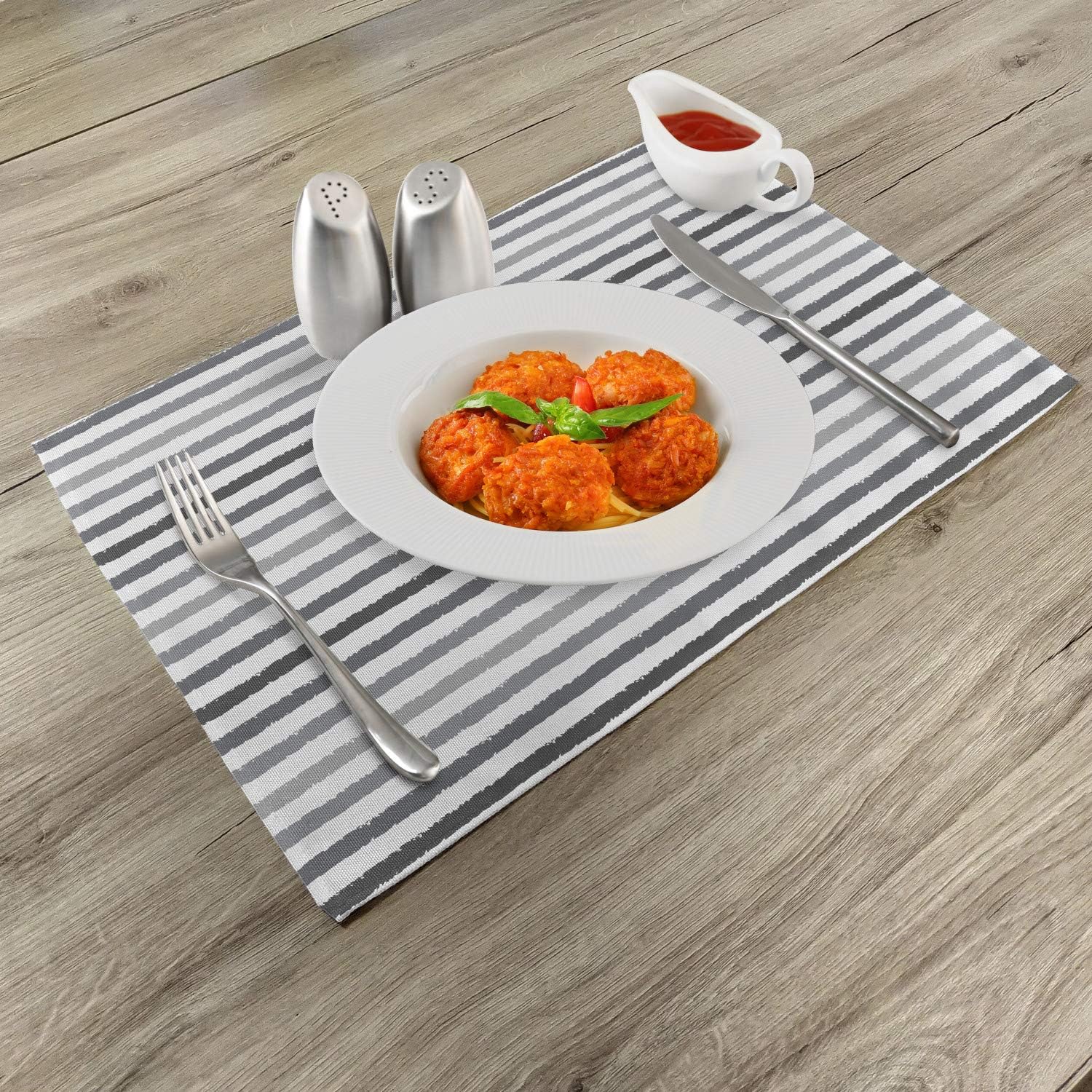 Ambesonne Striped Place Mats Set of 4, Grey and White Stripes Monochrome Tone Brush Style Lines Grunge Retro Digital Print, Washable Fabric Placemats for Dining Table, Standard Size, White Grey
