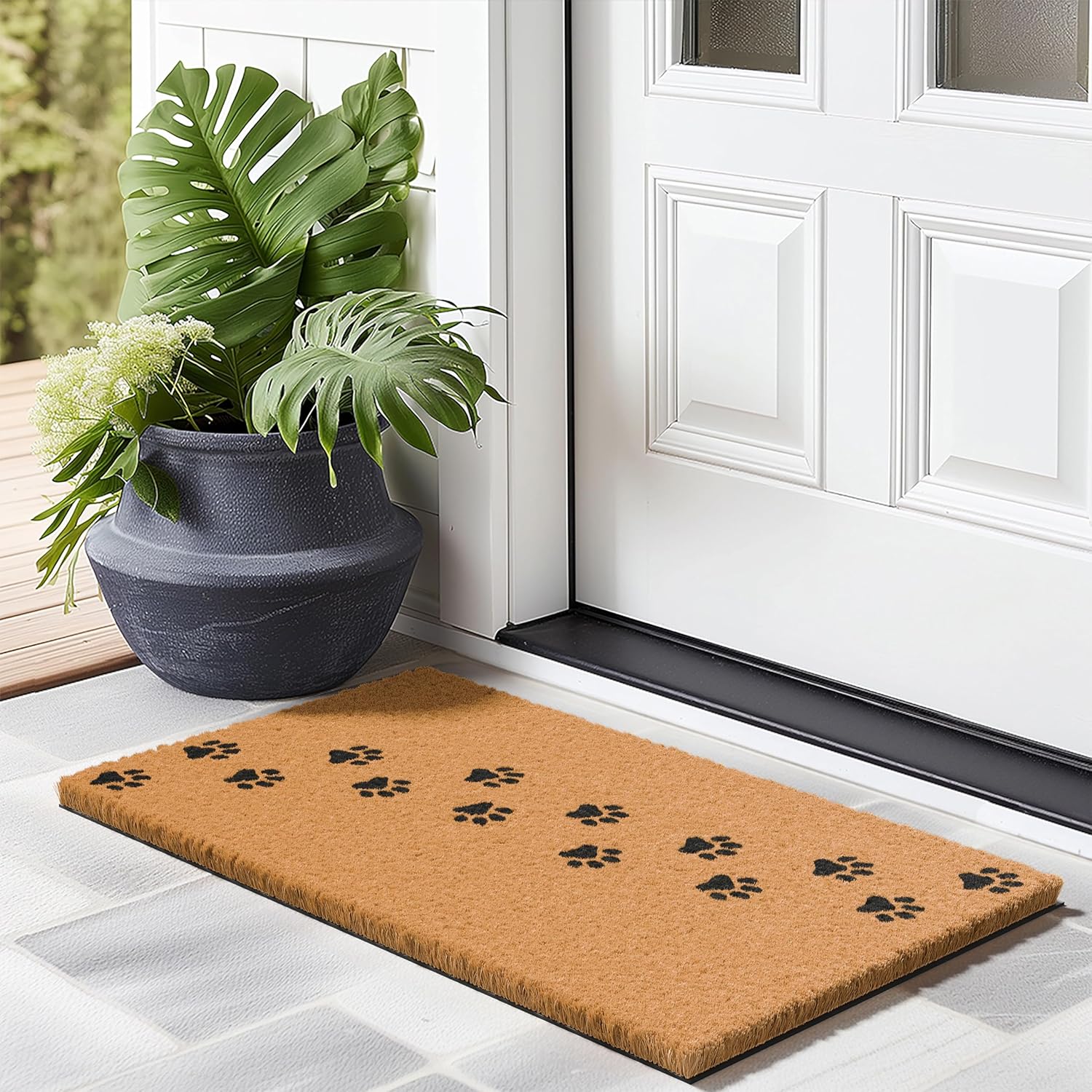 barnyard designs natural coco coir heavy duty backing doormat - large cute non-slip front door welcome mat for outside entrance or porch entry, brown (17x30, paws) paws 17x30