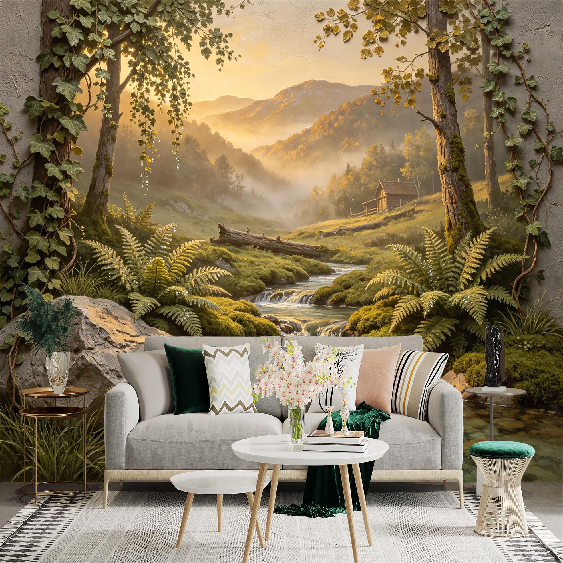 Custom Size Wall Sticker Mural， Forest Stream with Cabin， Mountains and Morning Light， for wall Decoration， peelandstick wall Decals.