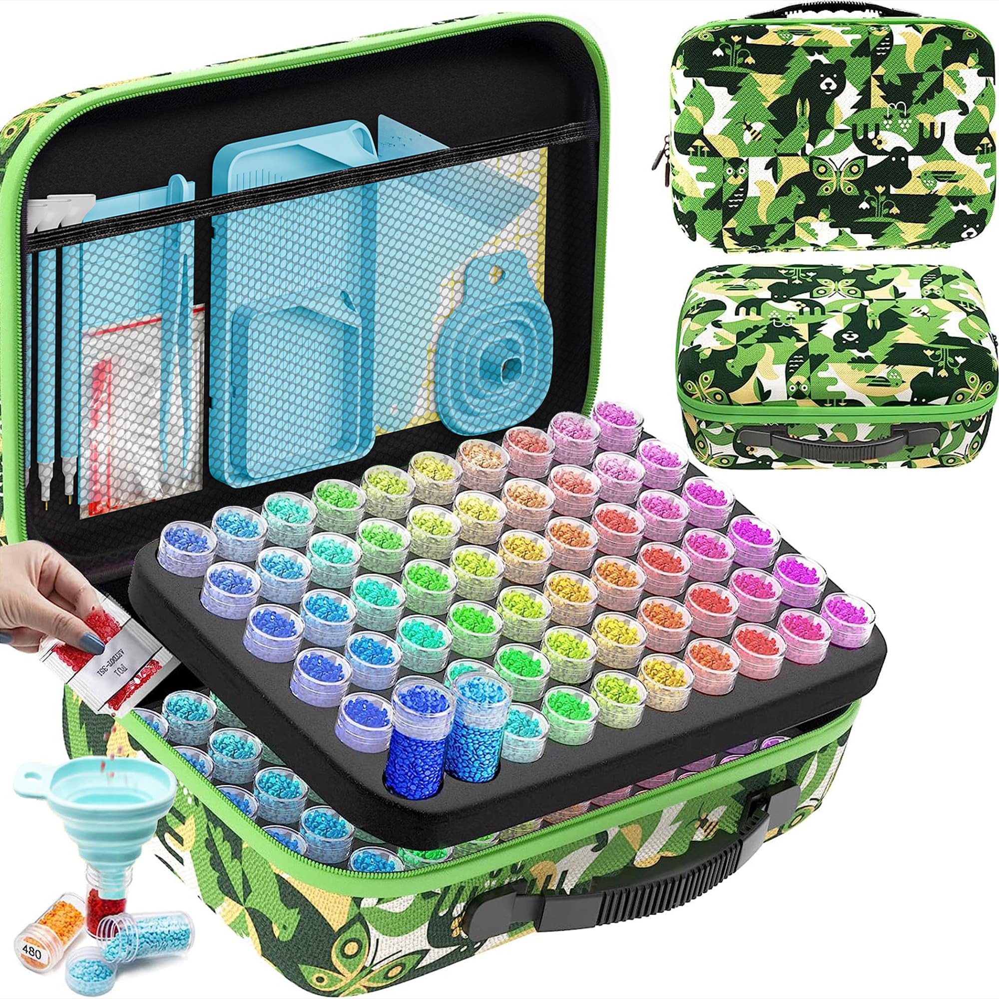 ARTDOT 5D Diamond Painting Zubehör Boxen, 120 Stück Diamant Painting Aufbewahrungsbox mit Koffer Trichter Stickers (Wälder)