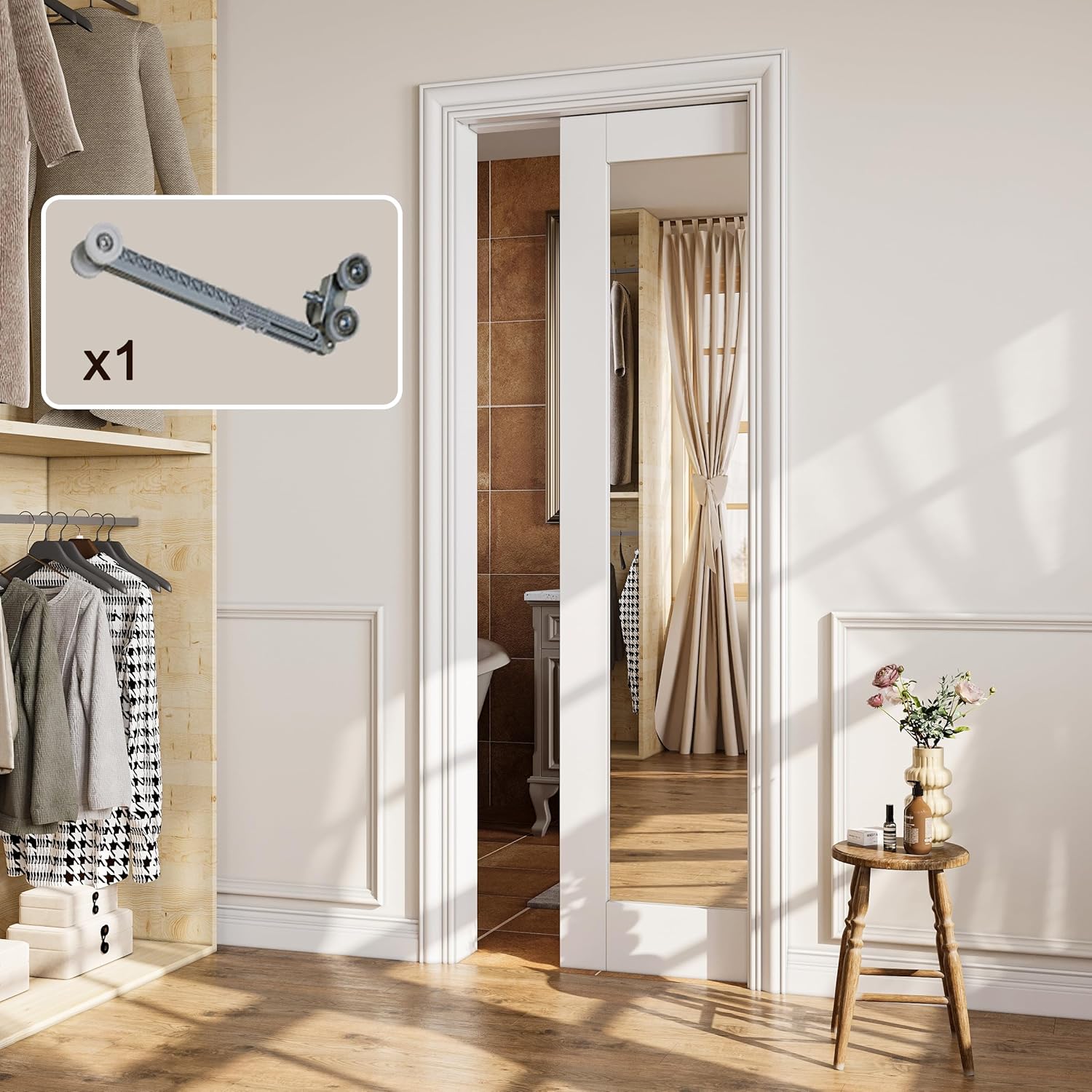 28x80 Pocket Door, Pre-Assembled Solid Door with Steel Clad Wood Frame & Soft Close, Build Quality Interior Sliding Doors, Sturdy and Easy Install, 1 Panel One-Side Mirror Doors