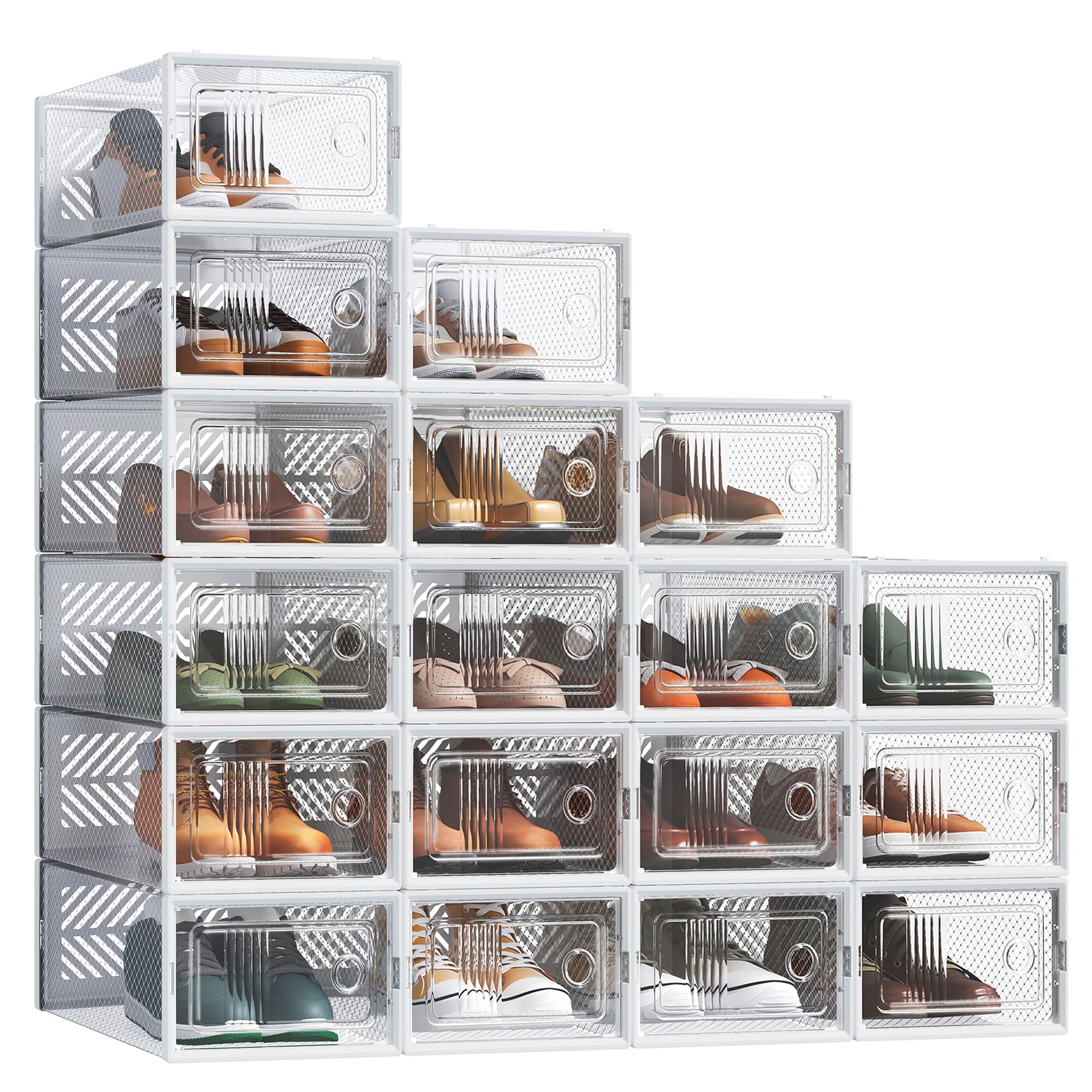 SONGMICS Clear Shoe Boxes, Set of 18 Shoe Storage Organisers, Stackable, Breathable, and Foldable, for Max. UK Size 8, Display Trainers, High Heels, Transparent and White LSP106W18V2