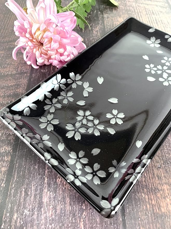 Platos de Sushi de Porcelana Japonesa, Negro con Sakura Plateada, Rectangulares miniatura 7