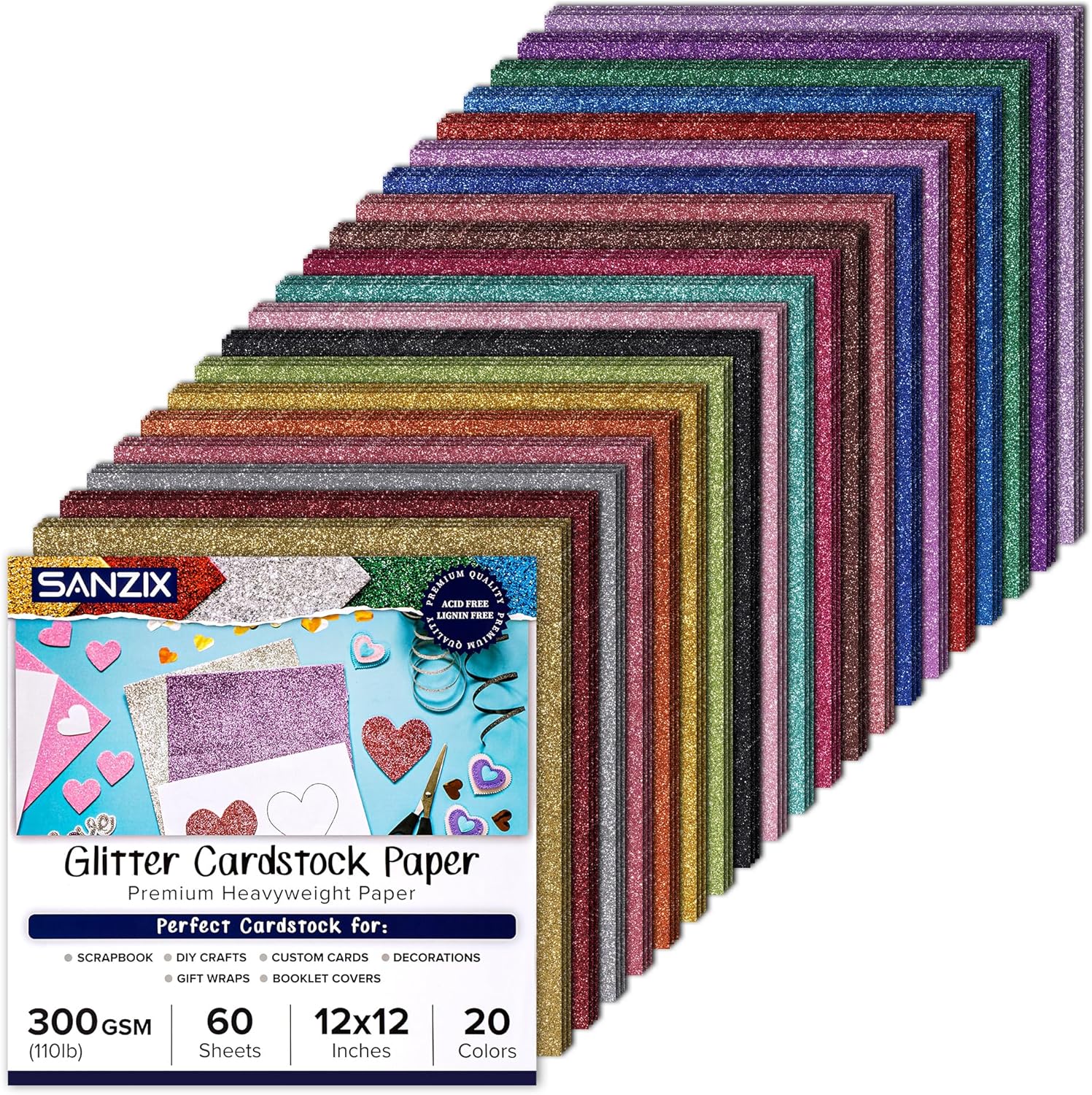 SANZIX Glitter Cardstock 12x12" 60 Sheets, 20 Colors