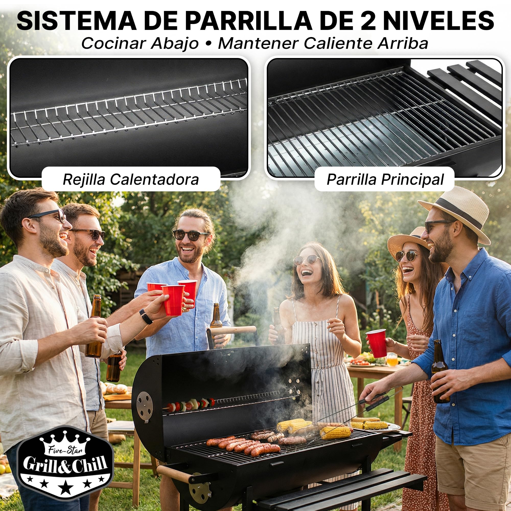 Five-Star Grill&Chill Barbacoa Carbon - para Jardín Exterior BBQ con 2 Estante Plegable, parrilla cromada 71×35 cm, GC0002