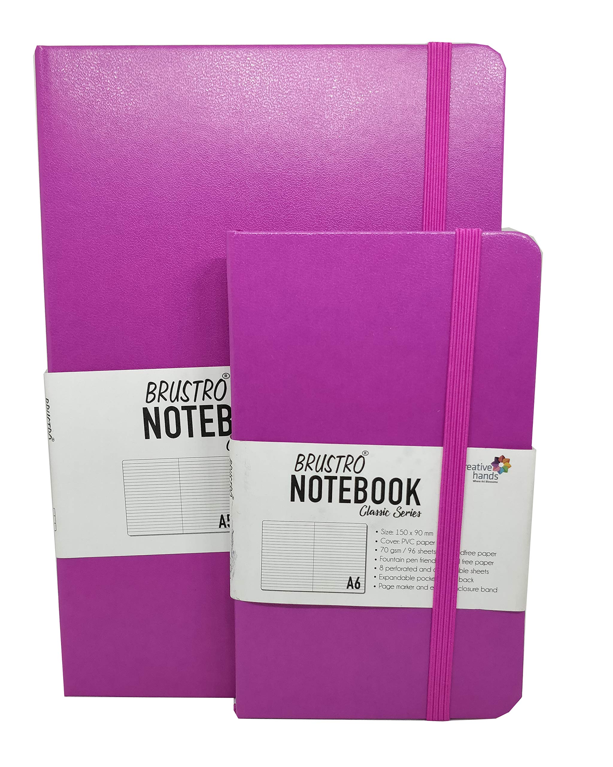 BRUSTRO Classic Series - Confezione doppia, formato A5 e A6, 70 g/m², 96 fogli, rosa leggero, con copertina rigida, fascia di chiusura elastica, pratica borsa, versatile per la scuola