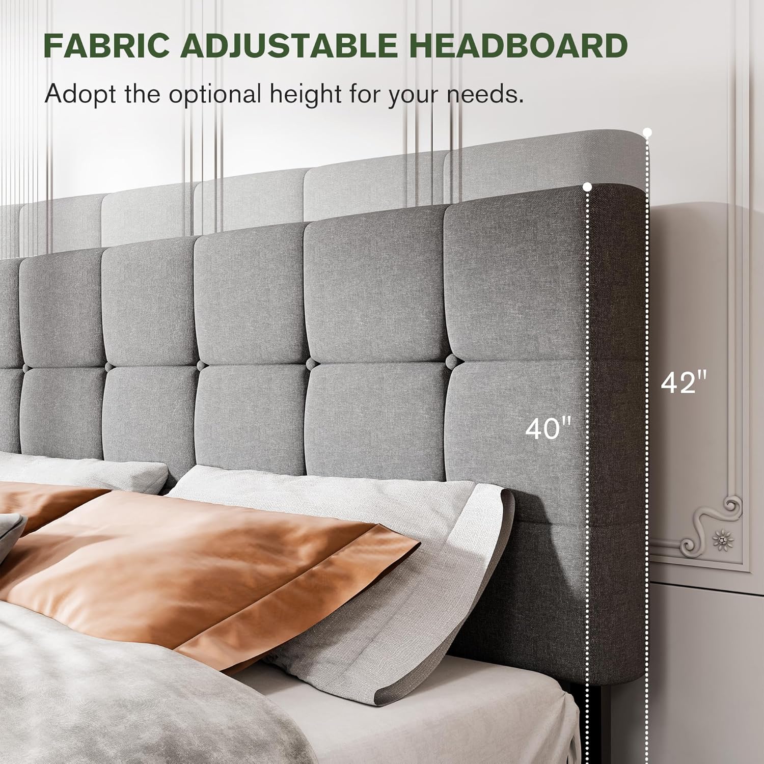 MUTICOR King Size Bed Frame with 4 Storage Drawers, Upholstered Platform Bed with Button Tufted Adjustable Headboard, No Box Spring Needed, Easy Assembly, Square Tufted, Light Grey Fabric